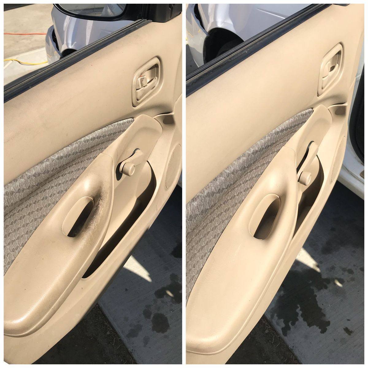 Before and after cleaning of a car's tan interior door panel showing significant contrast.