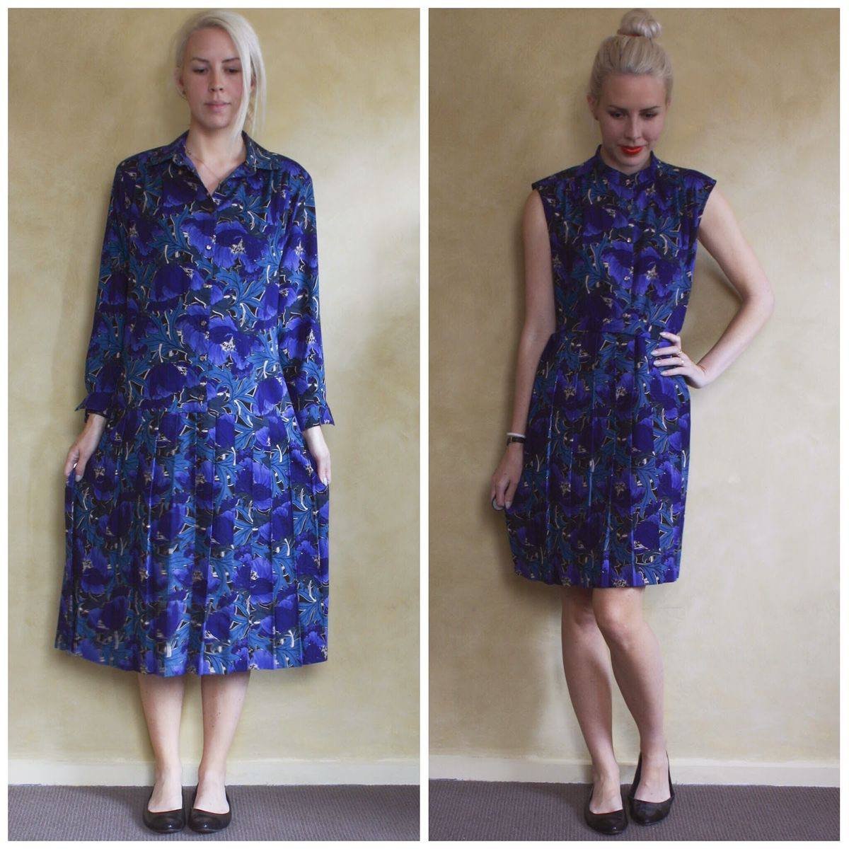 Woman in two versions of a blue floral dress, one with sleeves and longer length on the left, and a sleeveless, shorter version on the right.