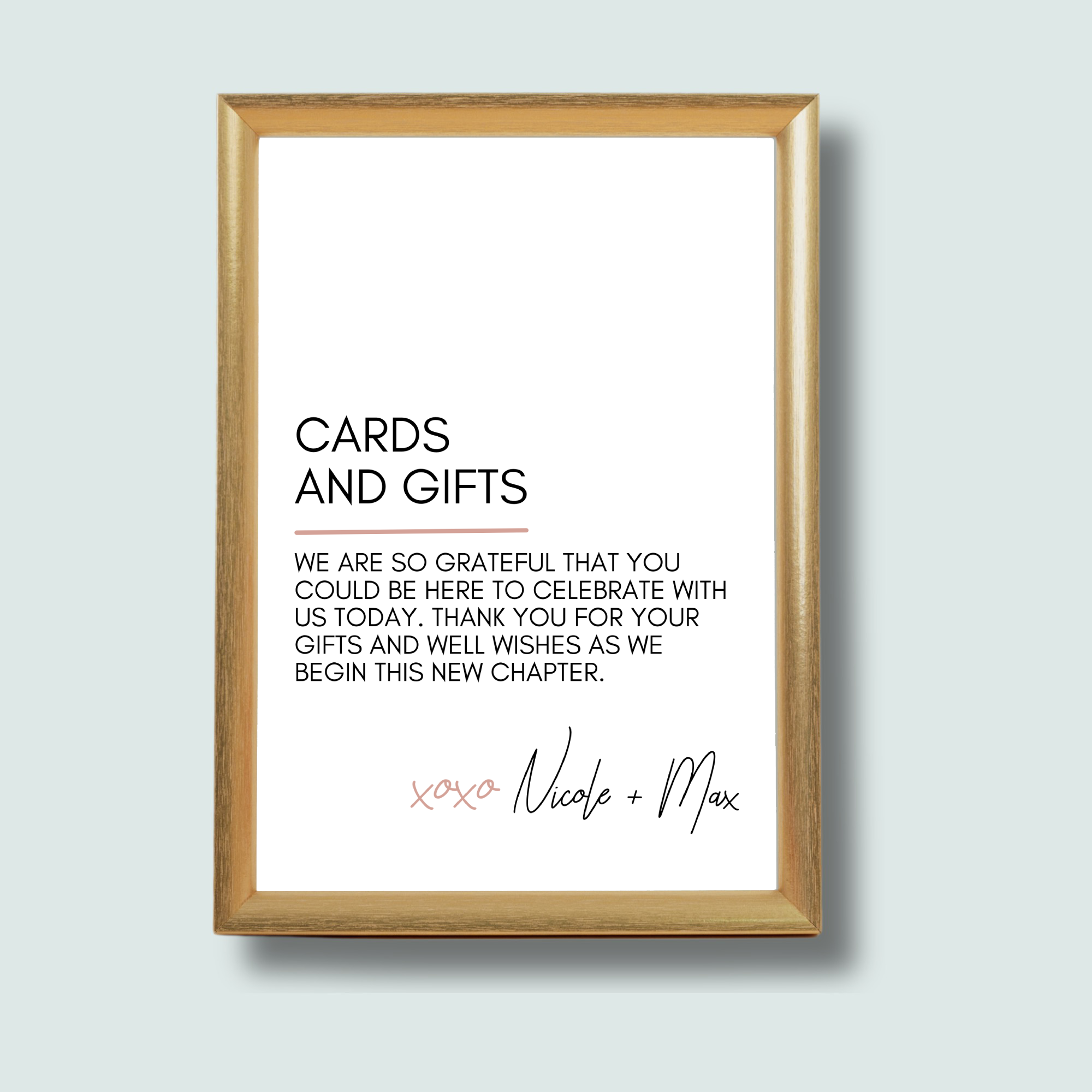 A framed card titled 'Cards and Gifts' with a message of gratitude and signatures, on a light background.