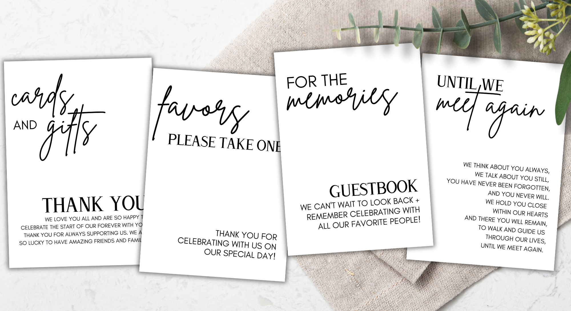 Set of four thank you cards with calligraphy and printed text, decorated with green foliage, on a textured cloth surface.