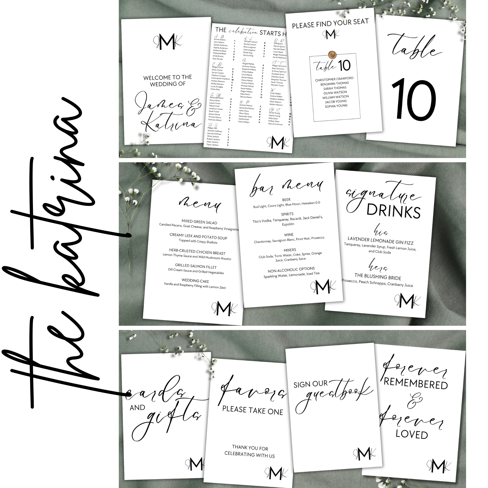 Collection of wedding stationery including an invitation with the names James and Katrina, seating chart, table number card, bar menu, signature drinks, cards and gifts card, favor tags, guestbook sign, and a remembrance card, all displayed on a green fabric background with small white flowers.