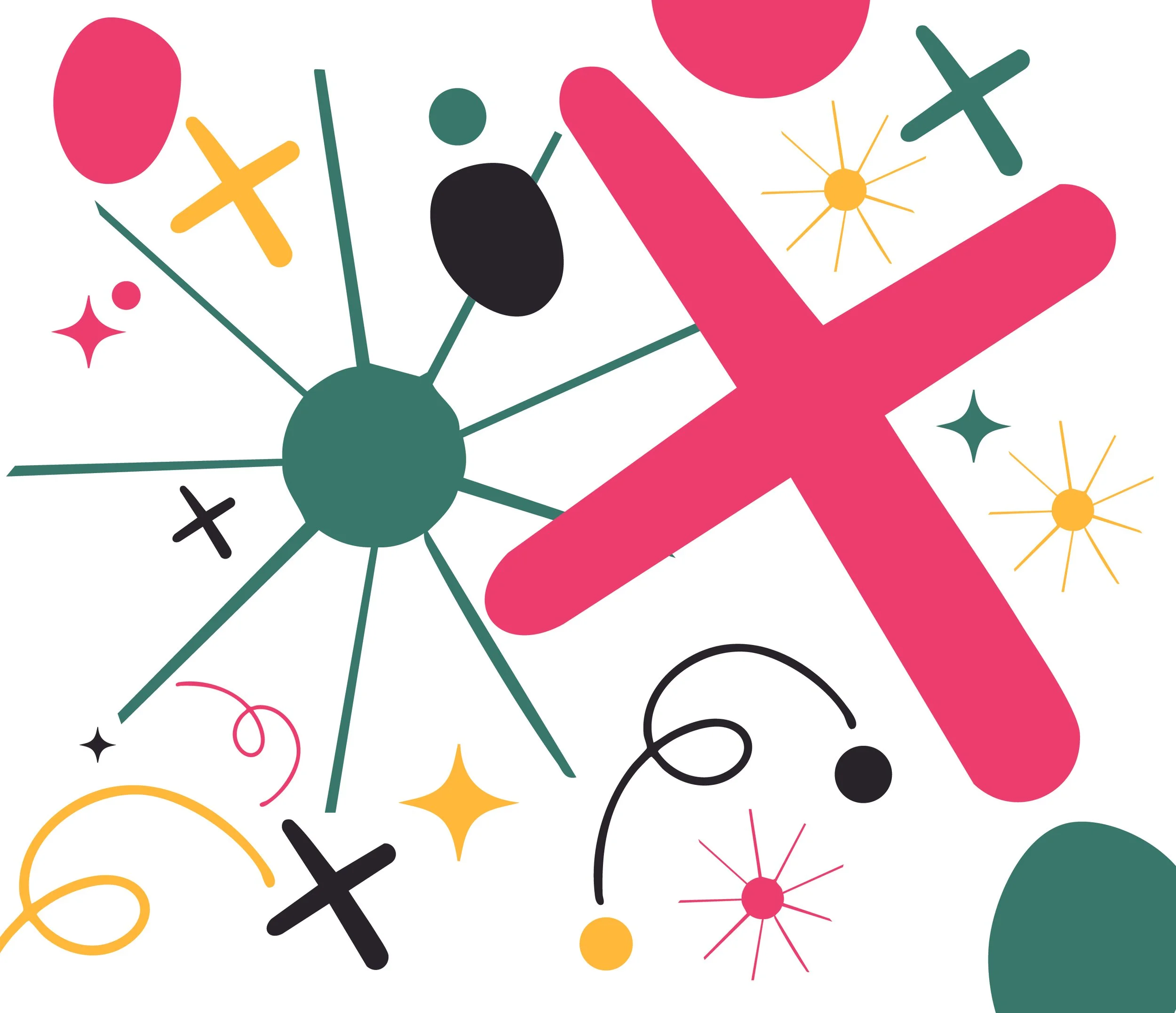 Abstract geometric design with colorful shapes, lines, and starburst elements in shades of pink, yellow, black, green, and orange.