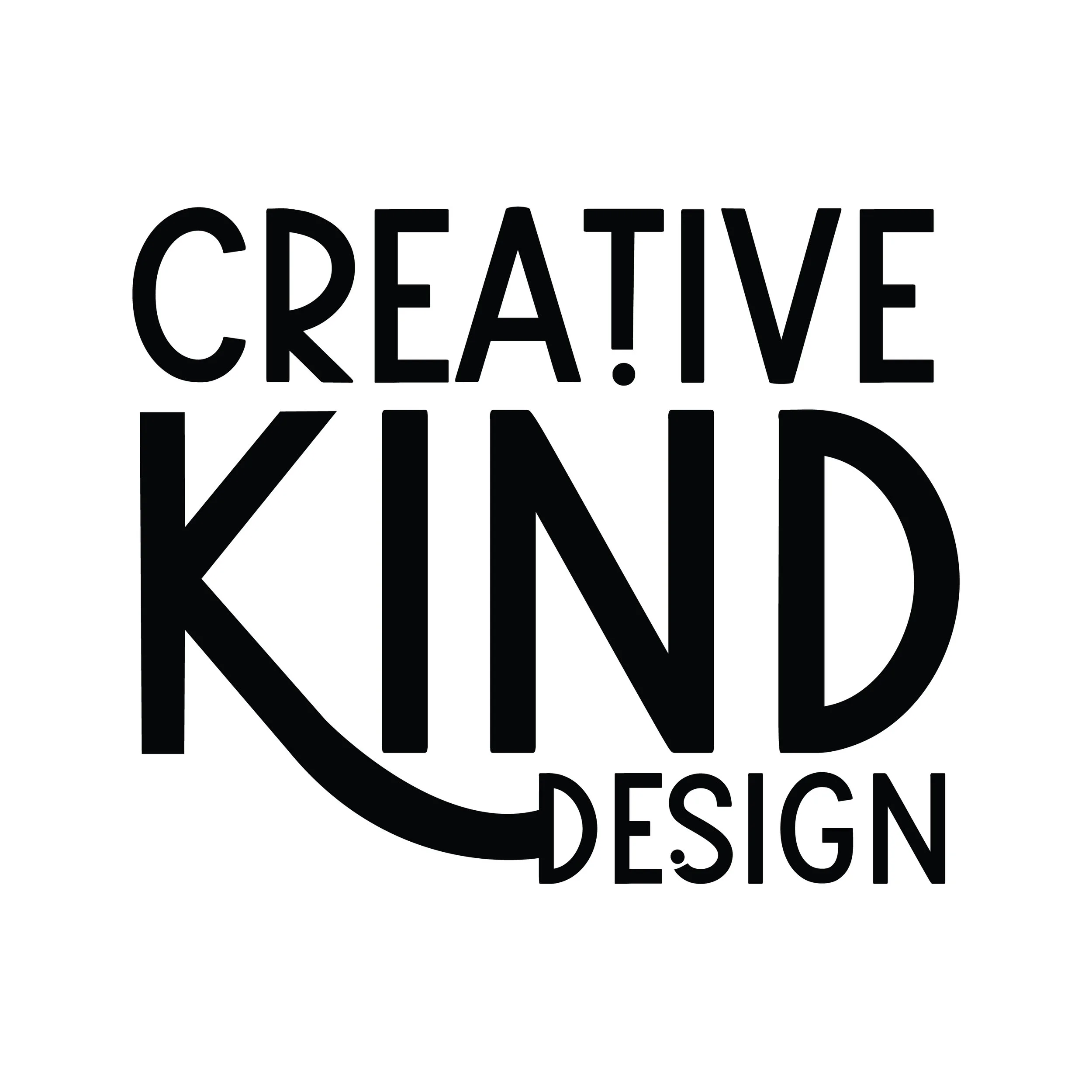 Black and white graphic with the words "CREATIVE KIND DESIGN" in bold, stylized text.