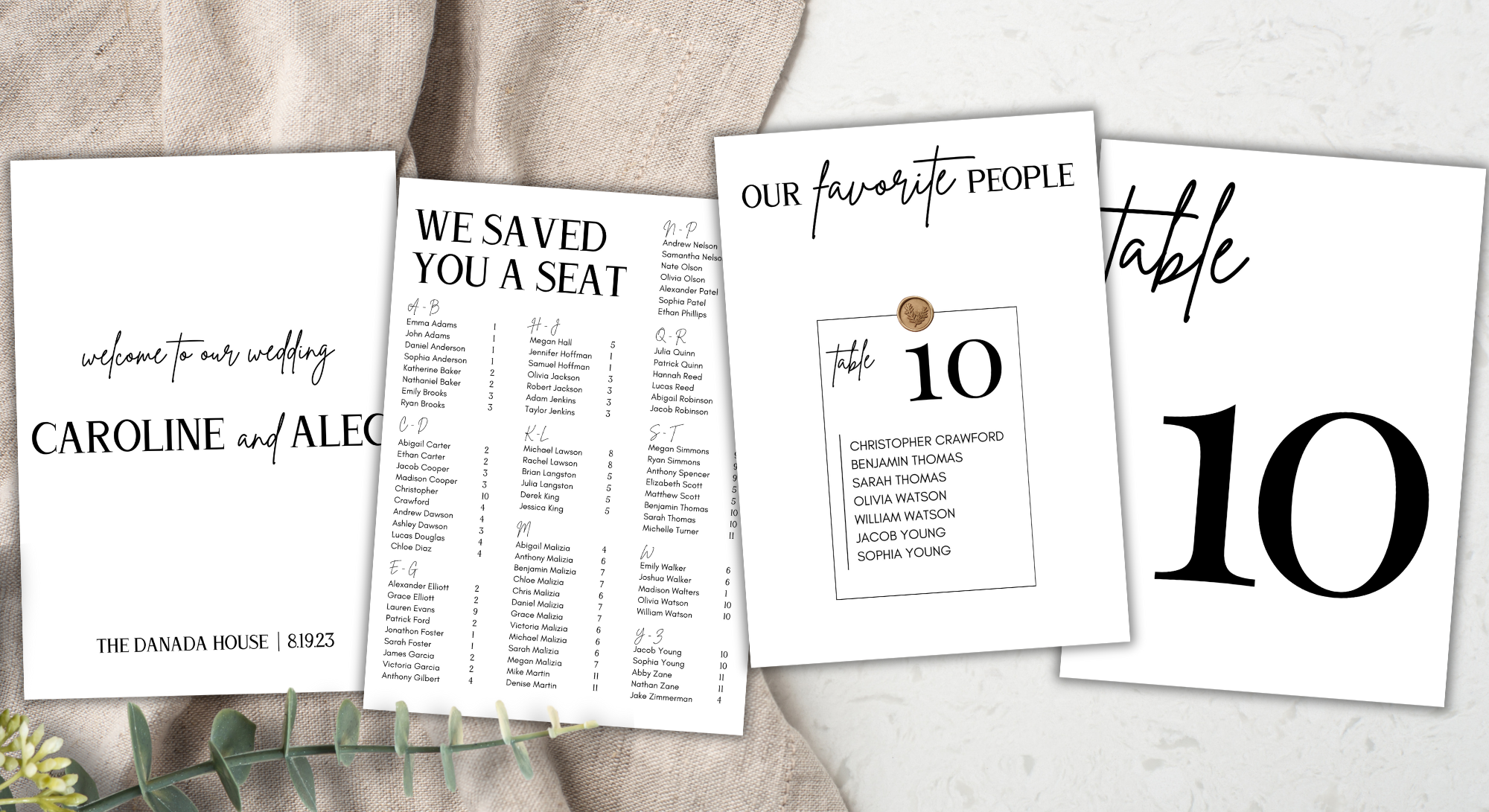 Wedding seating chart and welcome sign with table assignments and guest list information.