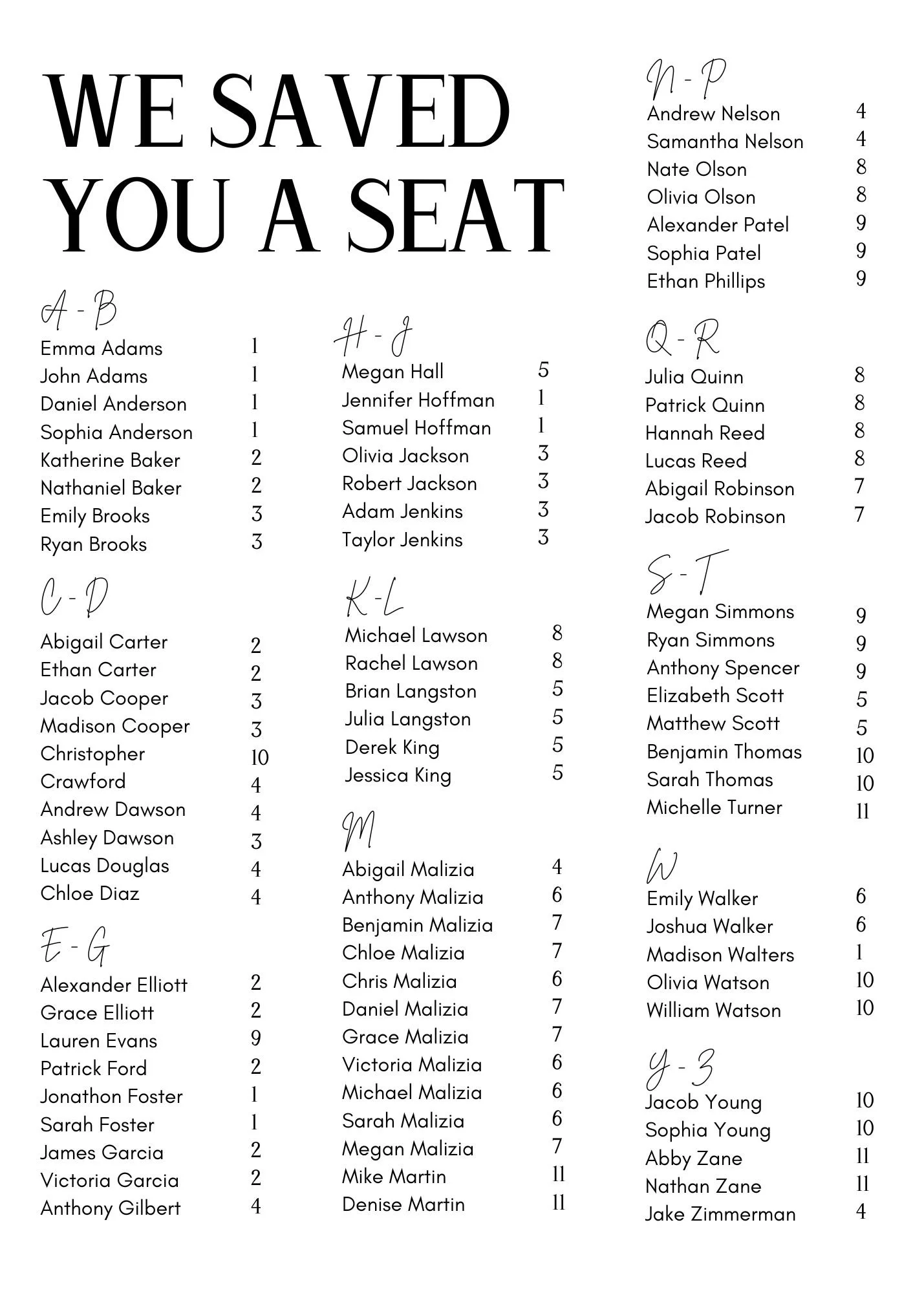 A printed list of names and corresponding numbers organizing individuals into groups with the heading "We saved you a seat."