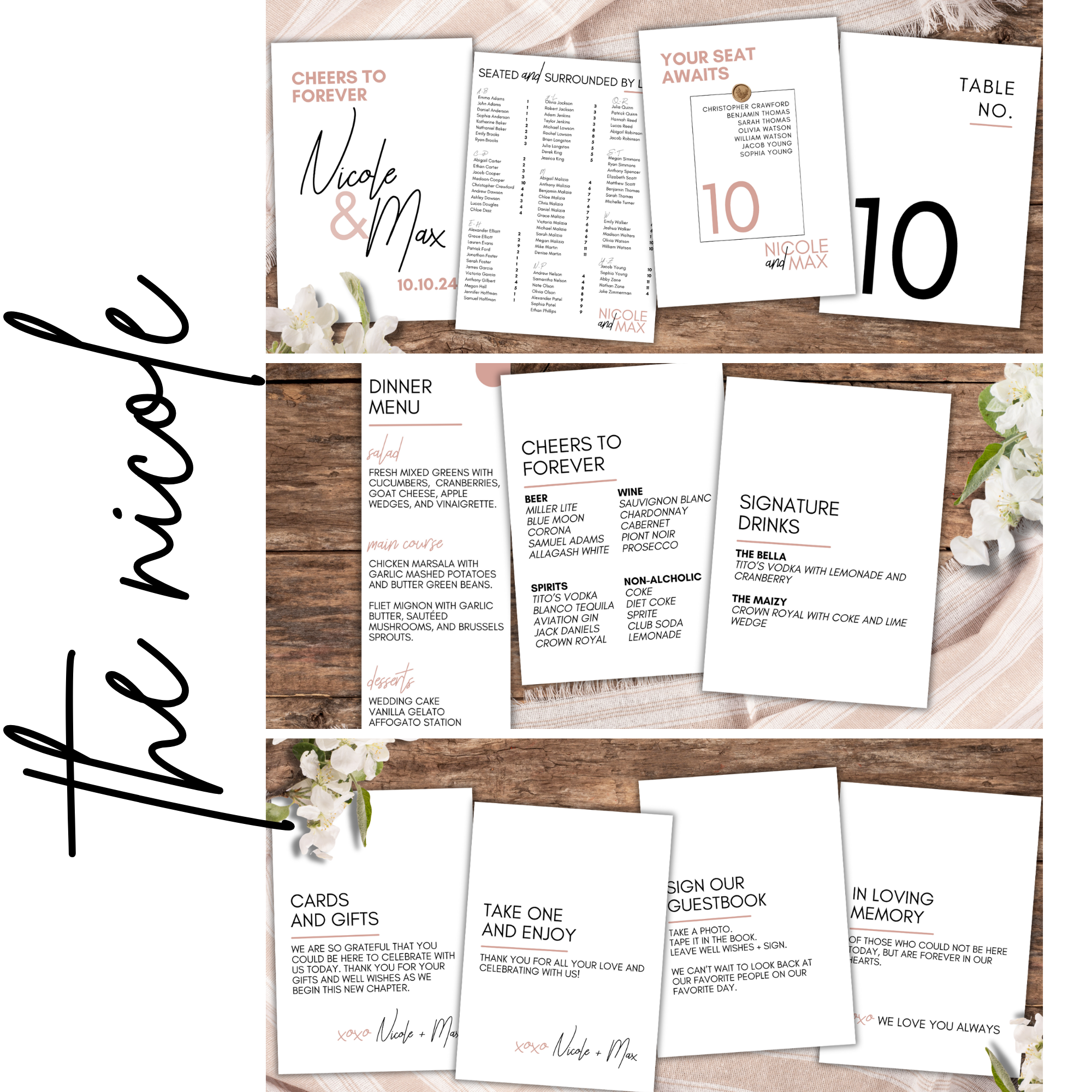 Wedding reception table decorations including a seating chart, menu, and cards with floral accents on a wooden background.