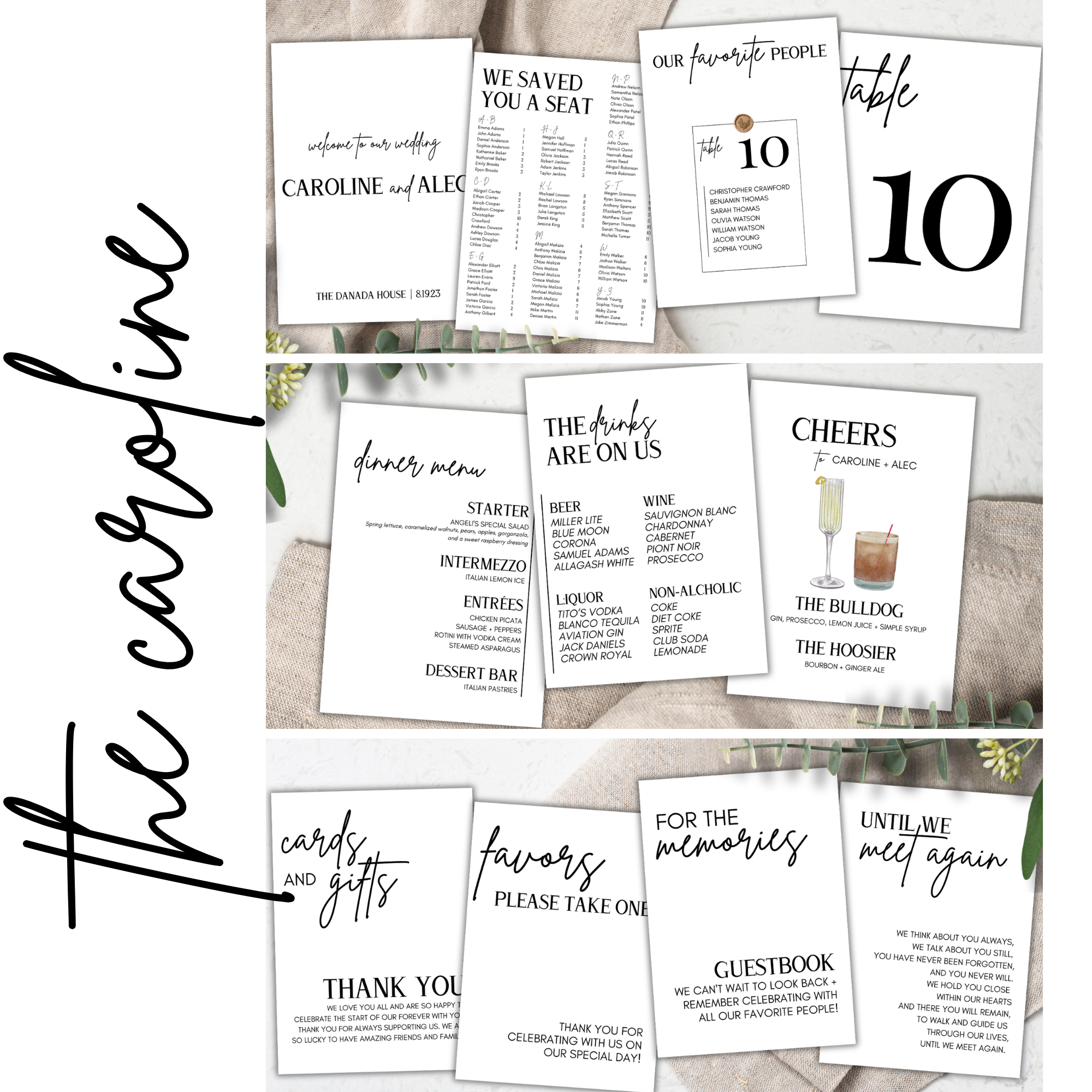 Set of wedding signs and paper cards including wedding welcome sign, seating chart, table numbers, dinner menu, drinks menu, cheers list, cards and gifts note, favors note, guestbook note, and until we meet again note, decorated with eucalyptus leaves.