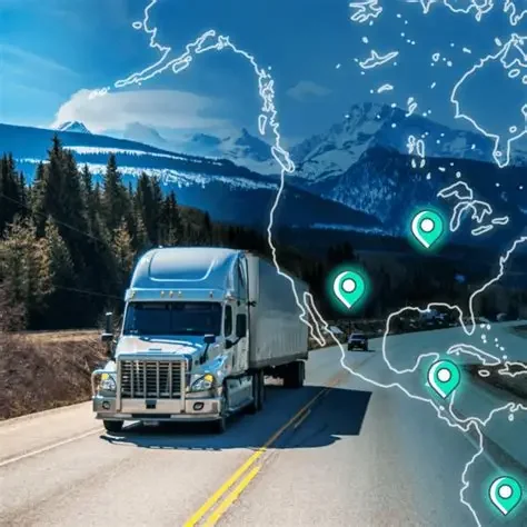 Camión avanzando por una carretera en un paisaje montañoso con pinos y cielo nublado, sobreimposición de un mapa del mundo con ubicaciones señaladas.