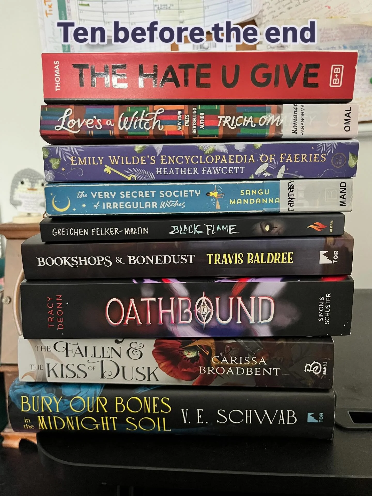 This is a wildly ambitious ten before the end, especially considering the time I spend editing manuscripts! Still, these have been on my TBR for many a moon so I&rsquo;m going to do my best.

I&rsquo;m hardcore in my cozy fantasy era, so those are up