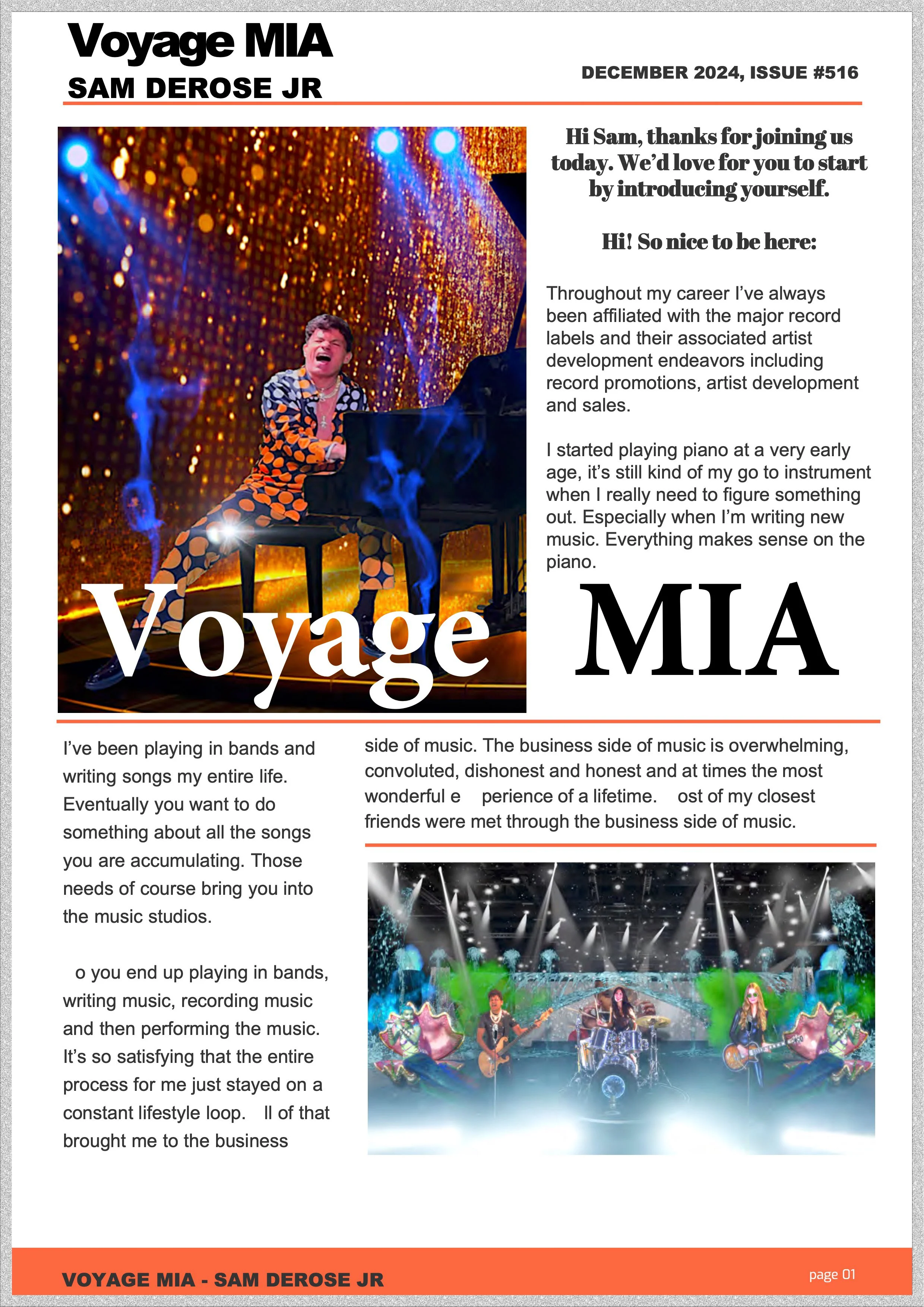 Page from a magazine or newsletter featuring a photograph of a man at a piano on a vibrant stage with colorful lights, and a band performing on stage with bright lights and elaborate stage design. The text talks about the person's career in music and their love for performing.