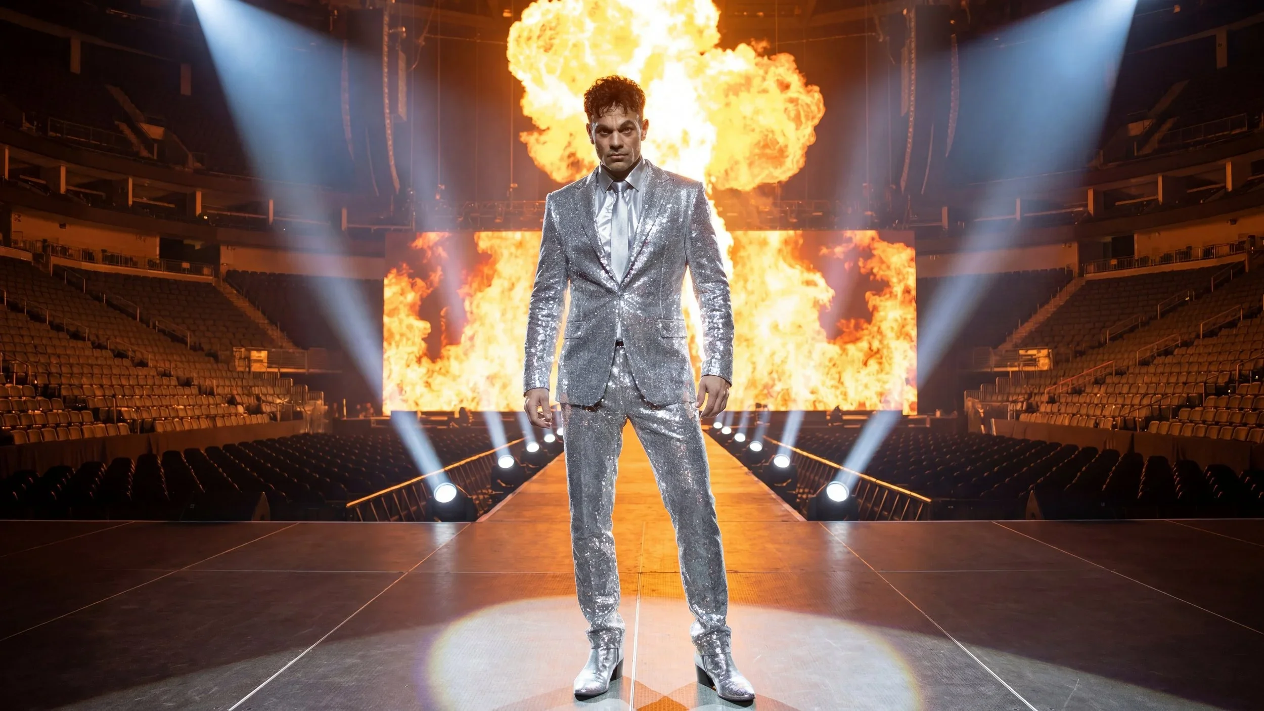 A man in a shiny silver suit stands on a stage with flames and explosions behind him. The arena is empty with rows of seats and stage lights illuminating the scene.