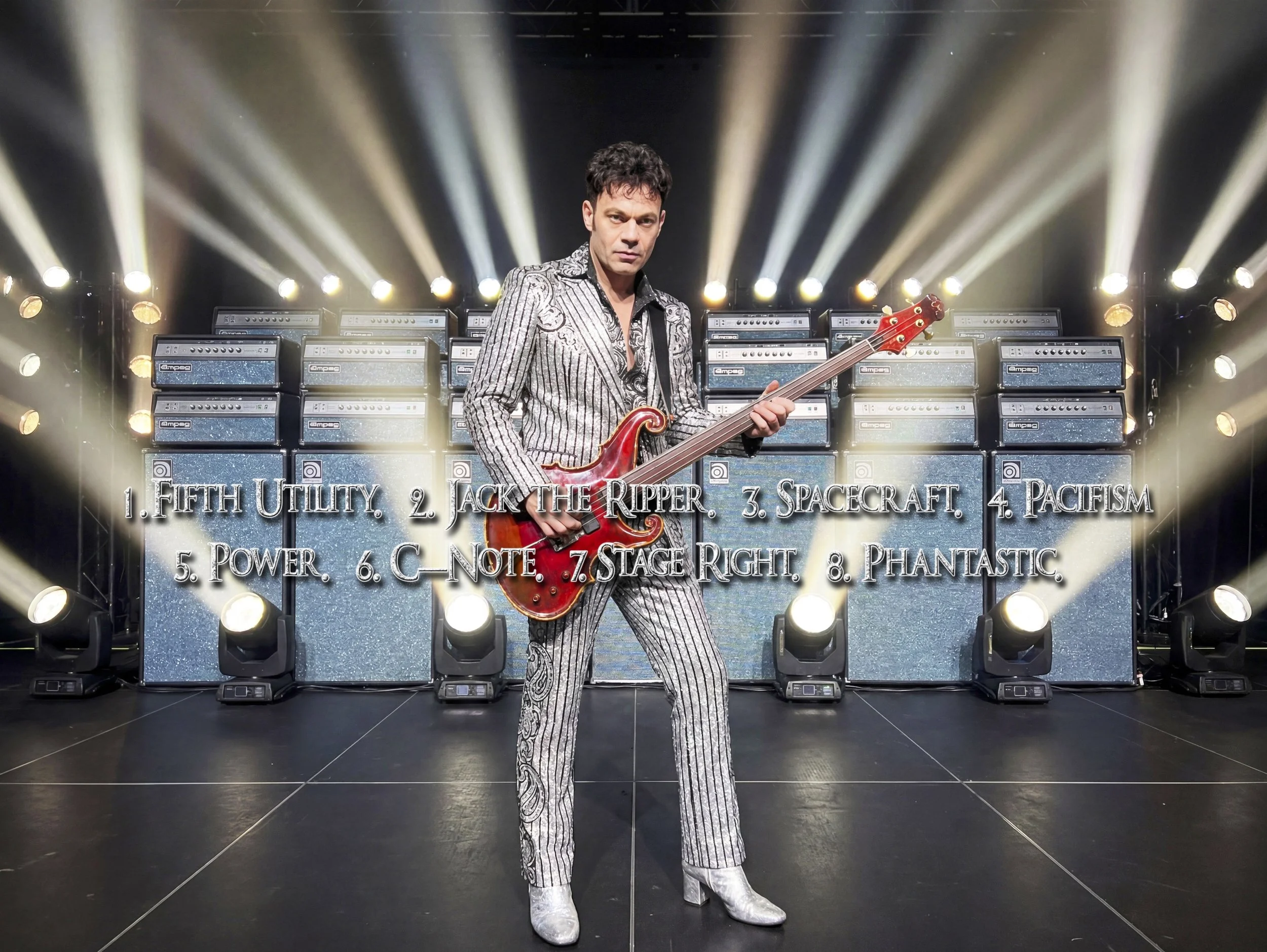 A man dressed in a glittery, striped silver suit with matching boots is holding a red electric guitar on a stage with intense lighting. Behind him are multiple guitar amps, and a list of song titles is visible at the bottom of the image.