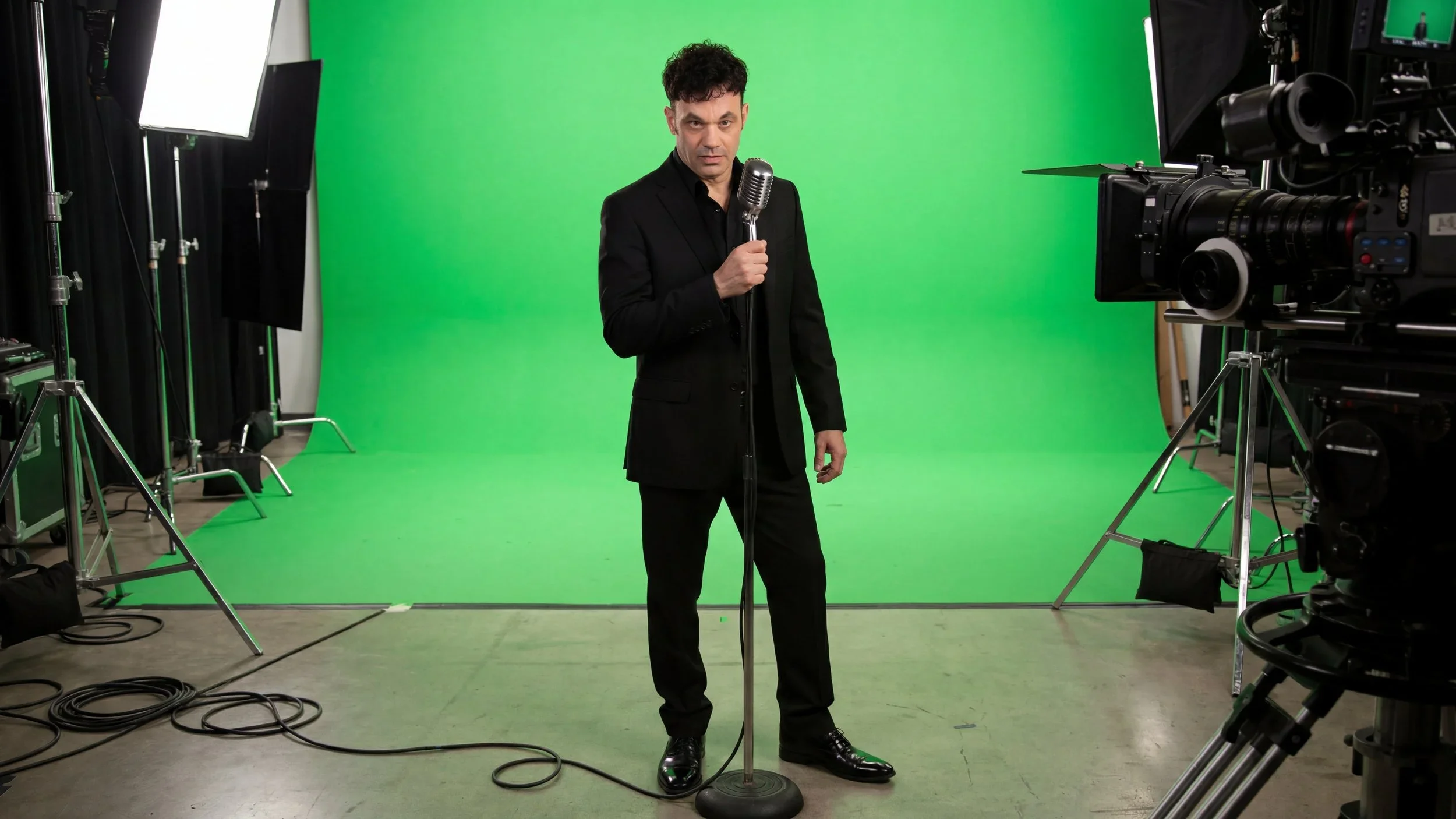 Man in black suit holding a microphone on a green screen studio set with recording equipment and lighting