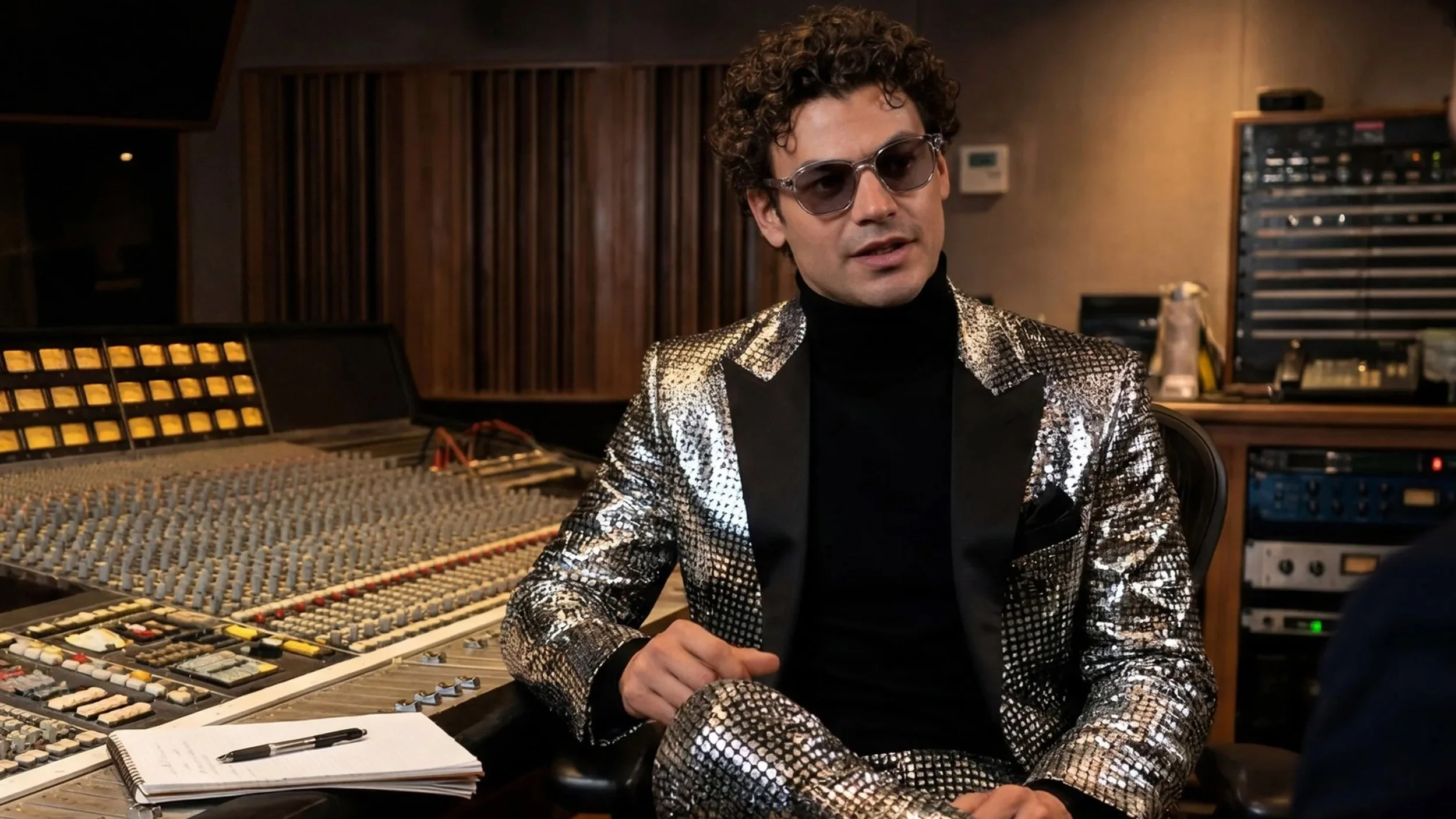 A man wearing sunglasses and a shiny, patterned blazer sitting in a recording studio next to a large mixing console and audio equipment.