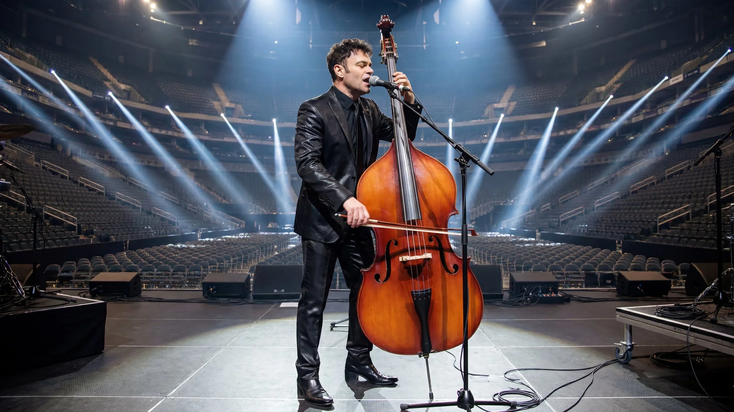 A male musician in a black leather suit playing a double bass and singing into a microphone on a stage with bright spotlights and an empty audience seating area in the background.