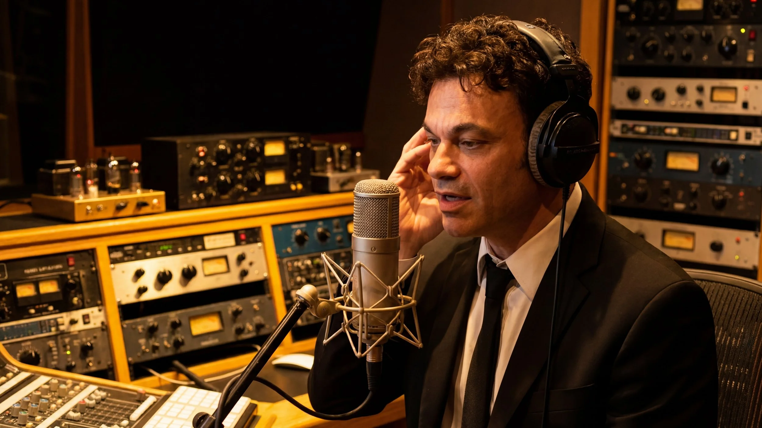 A man wearing a suit and headphones speaking into a microphone in a recording studio surrounded by audio equipment.