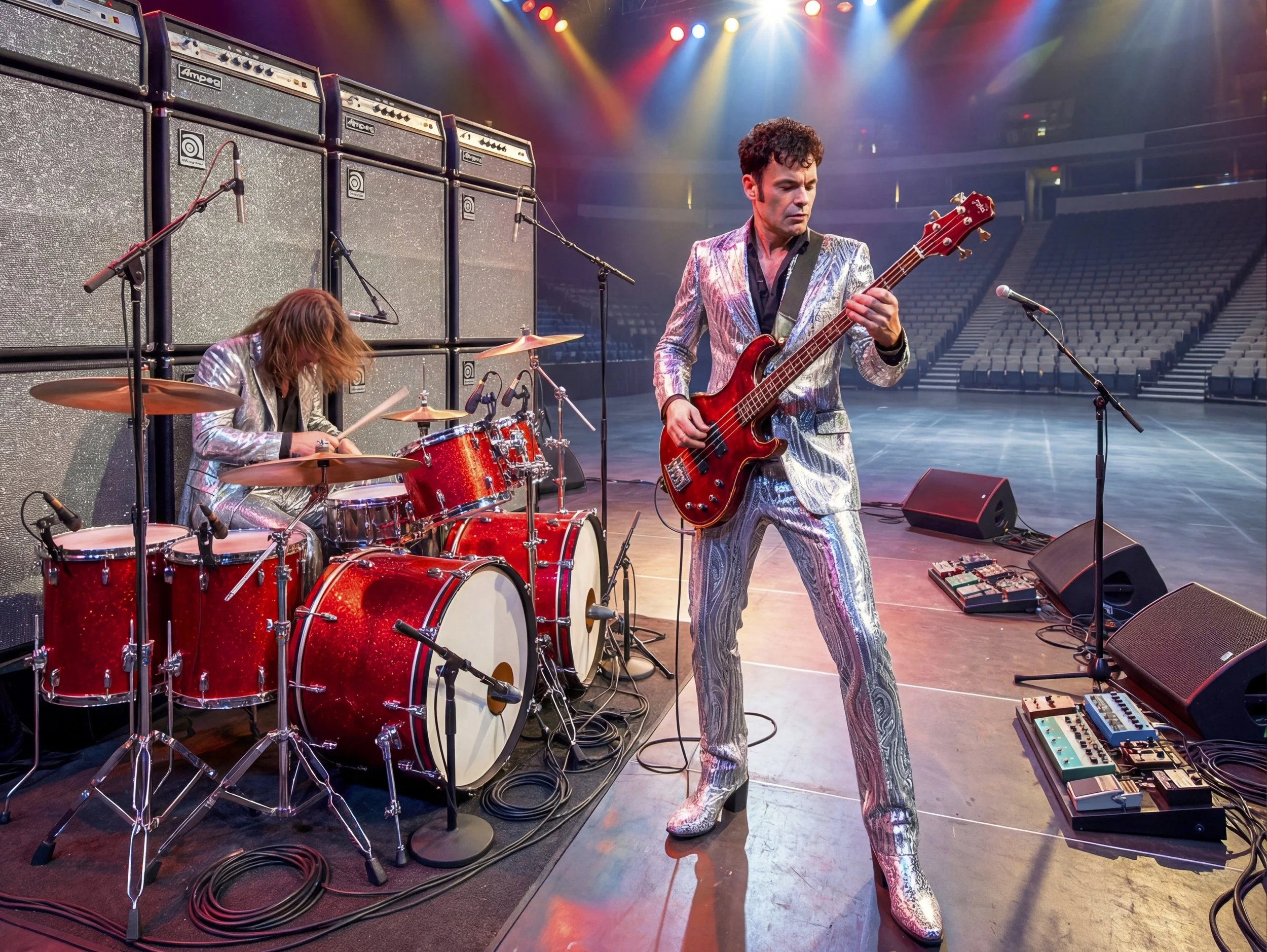 A musician in a shiny silver suit plays a bass guitar on a stage with colorful lights, next to a drummer and large amplifier stacks.
