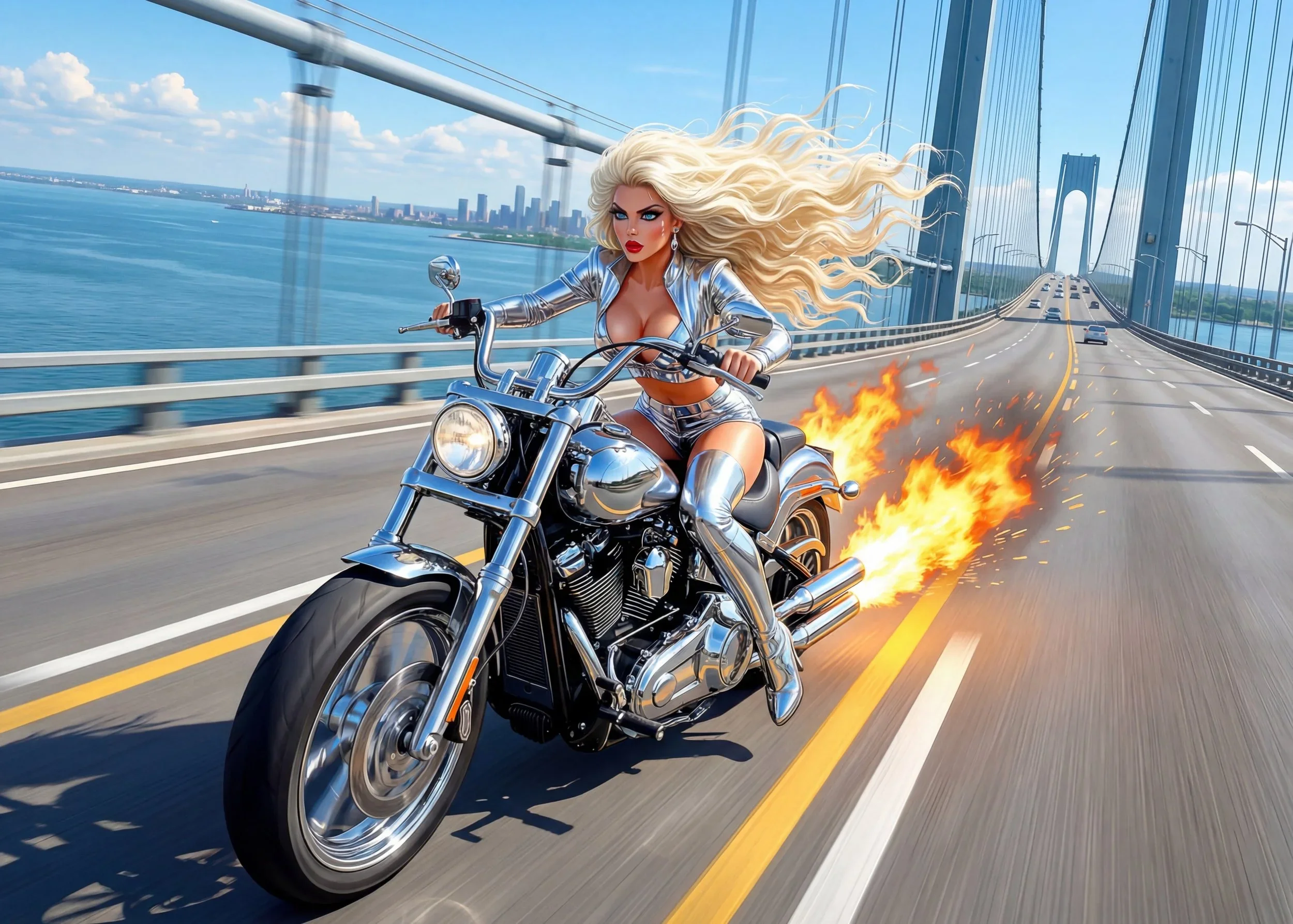 Illustration of a fierce blonde woman in a shiny silver outfit riding a motorcycle on a highway bridge with fire behind, against a city skyline and blue sky.