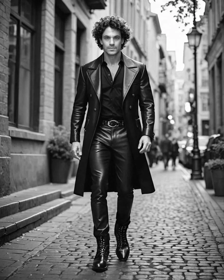 Sam DeRose Jr dressed in all black leather walking down a cobble brick street in London england.