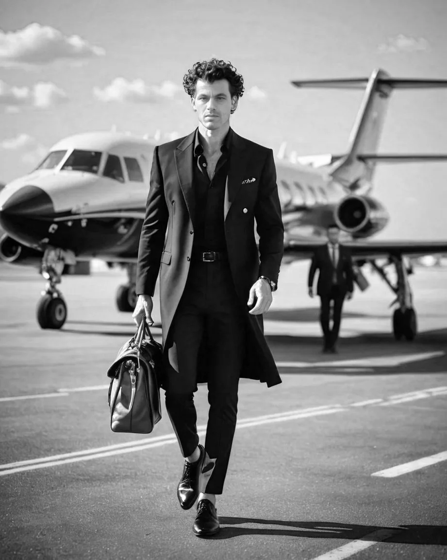 Sam DeRose Jr getting off of a charter jet in preparation for recording sessions at Electric lady recording studios in SoHo New York, United States.