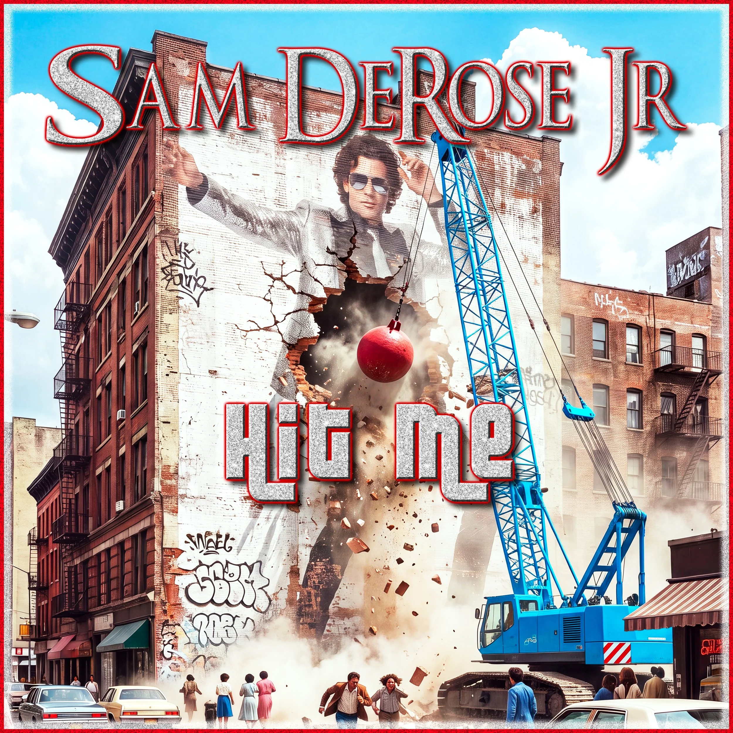 A NYC street scene showing a building with a billboard of a man in sunglasses, a crane demolishing the building with a wrecking ball, and people walking below