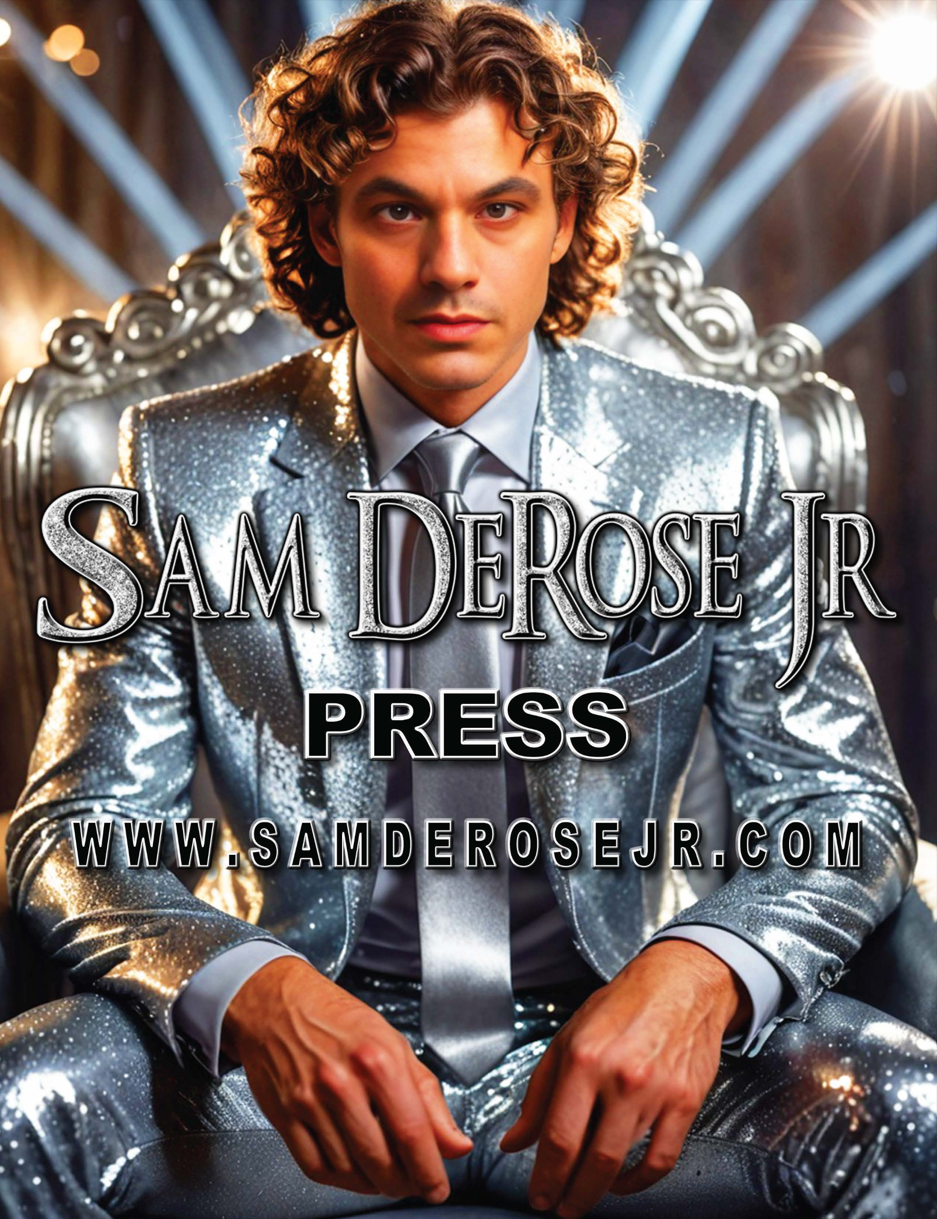 A man in a shiny, silver suit sitting on a throne-like chair, with a serious expression, and text over the image promoting Sam DeRose Jr and his website.