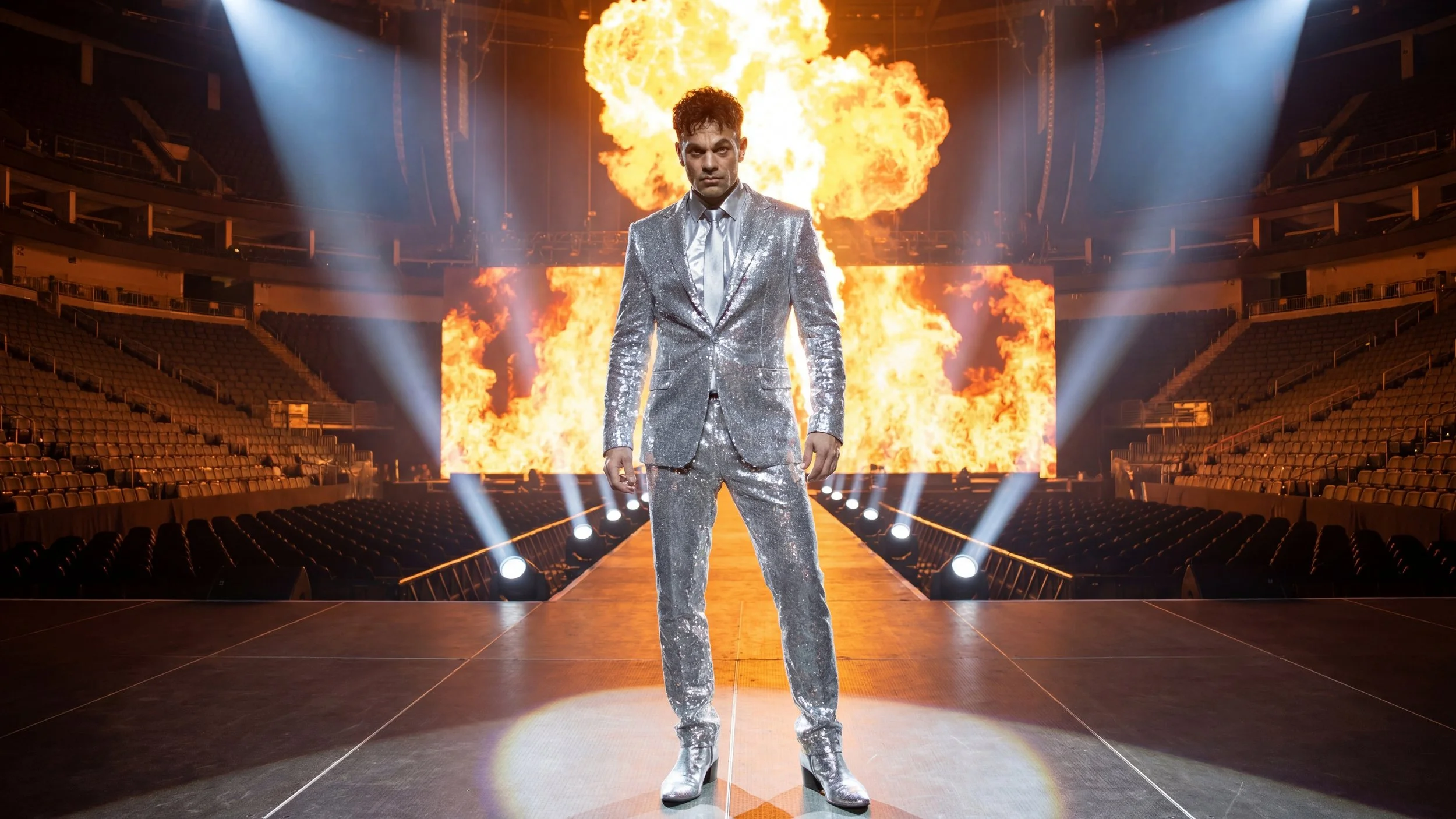 A man in a silver, glittery suit standing on a stage with flames and fire effects behind him, inside an empty arena with rows of seats and stage lights.