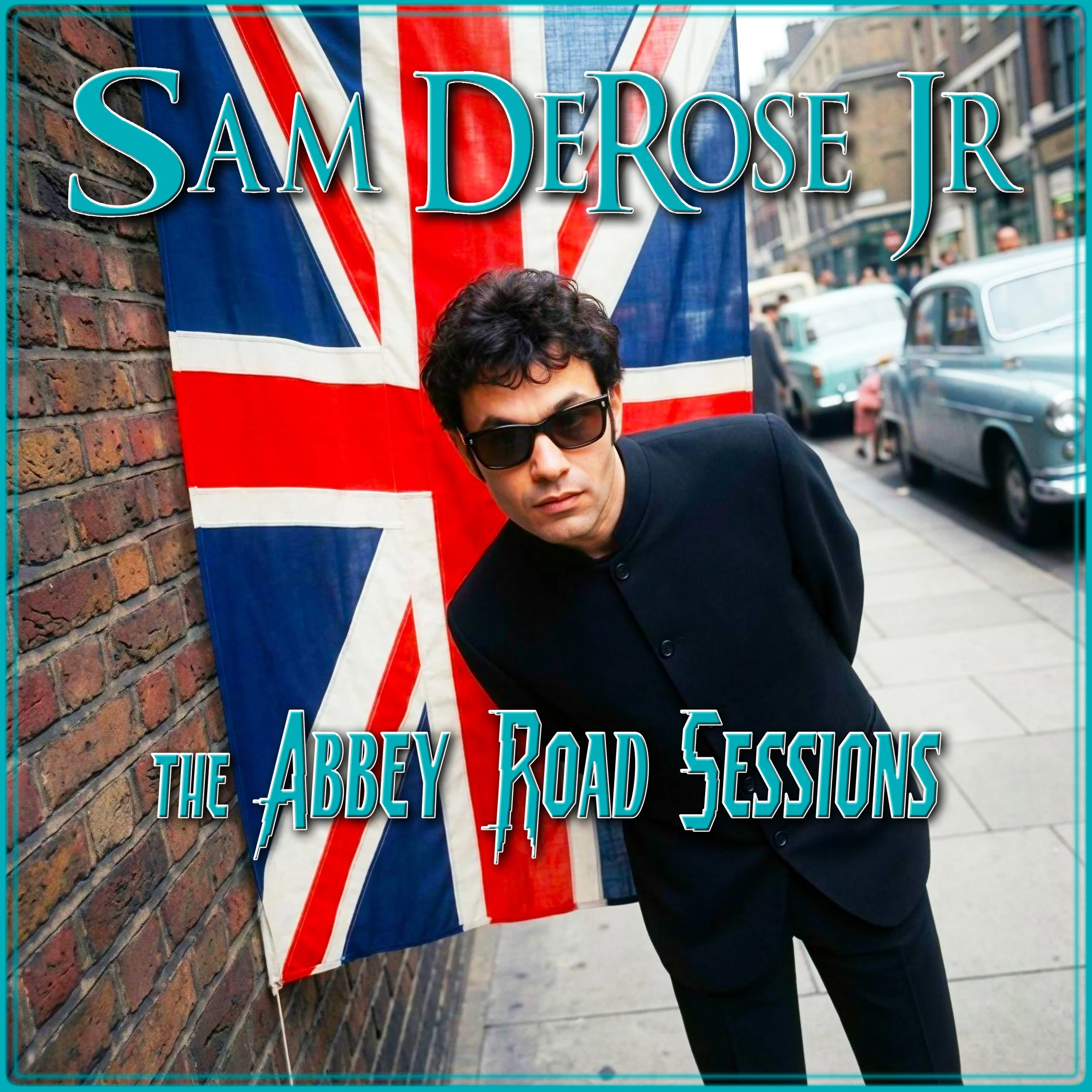 A person standing next to a sign with the Union Jack flag and the text "Sam DeRose, The Abbey Road Sessions" on it.