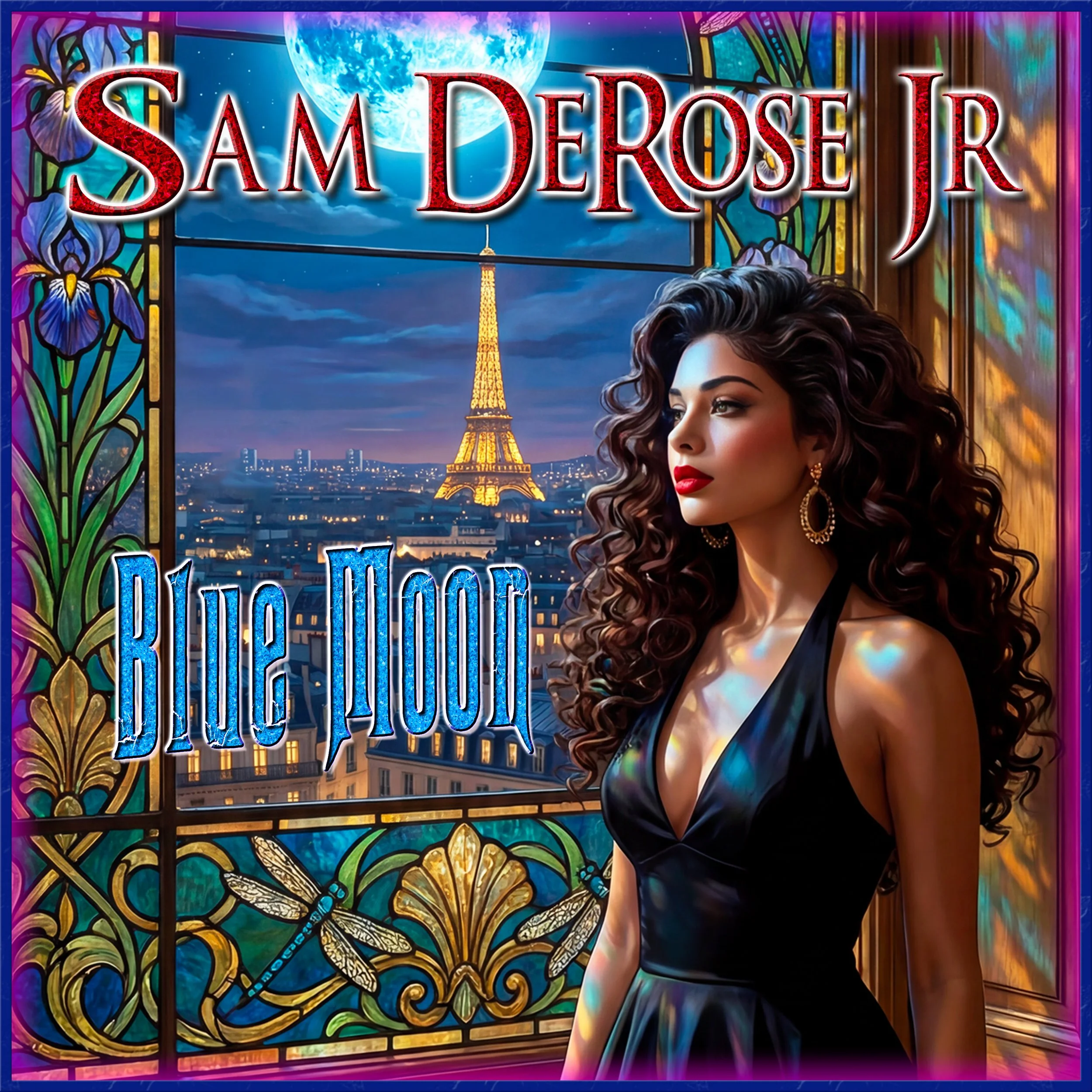 A stained glass window artwork featuring the Eiffel Tower illuminated at night with a blue moon in the sky. The window has decorative floral and dragonfly elements, and partially shows a woman with curly dark hair and red lipstick, dressed in black.