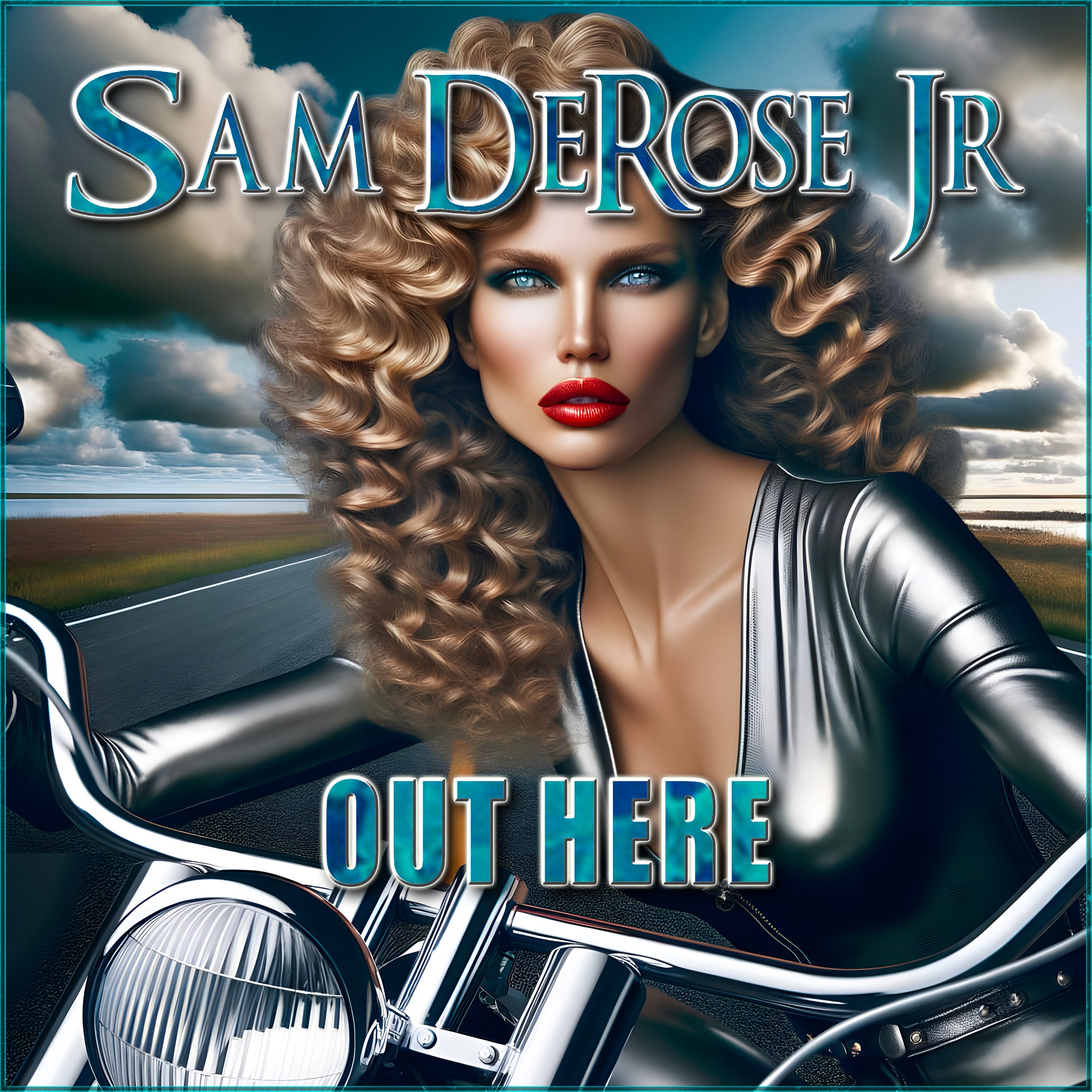 Close-up of a woman with blonde, curly hair and blue eyes, wearing red lipstick, sitting on a motorcycle. The background features a cloudy sky and open landscape. Overlaid text reads, 'SAY DE