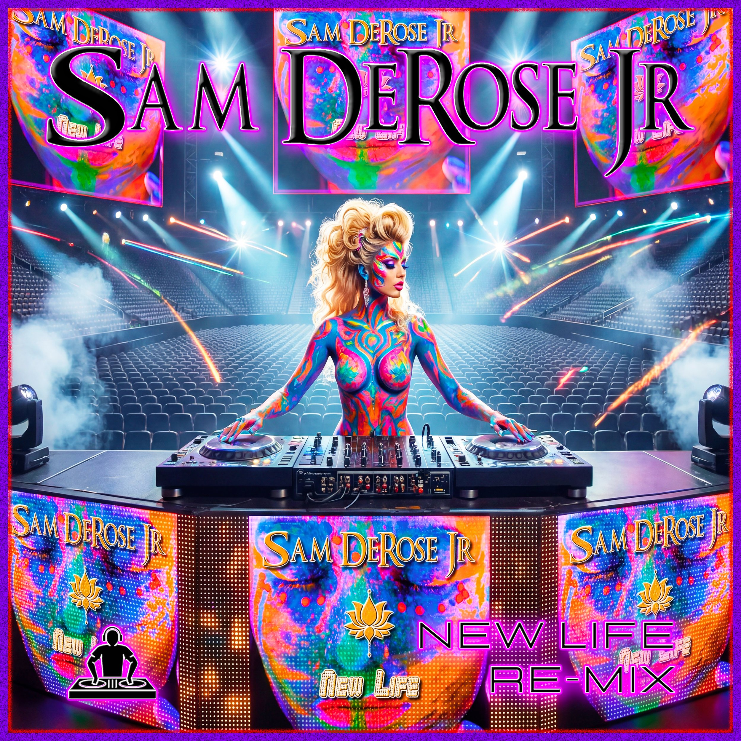 Colorful stage with large screens displaying 'Sam DeRose Jr' and 'New Life' during a concert or event. A woman with multicolored body paint, long blonde hair, and bold makeup stands at a DJ booth in the center of the stage.