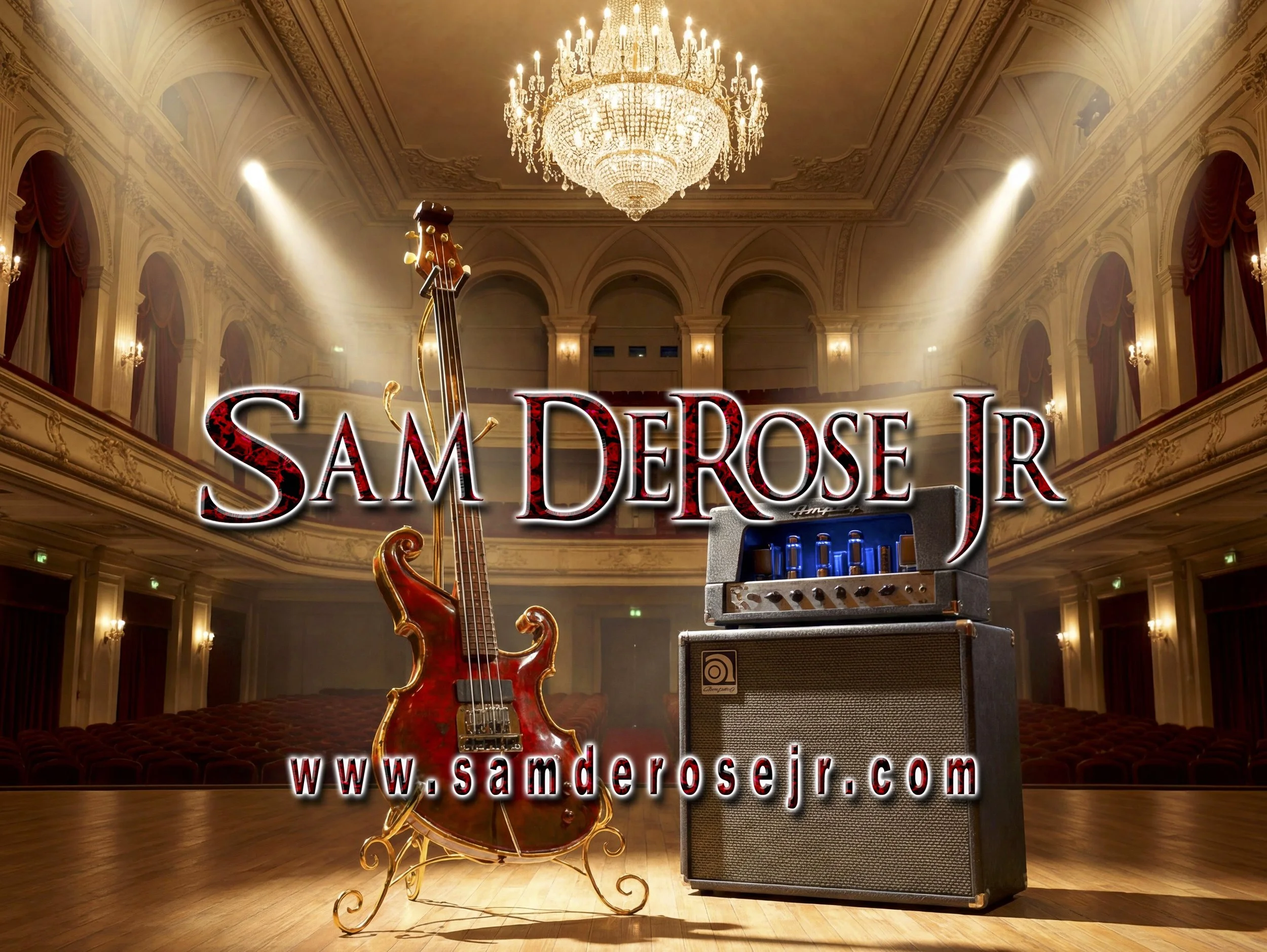 A grand concert hall with a large chandelier hanging from the ceiling. In the foreground, a red electric guitar stands on a decorative gold stand, and next to it, there is a large amplifier. The stage is empty, and the hall's interior features ornate
