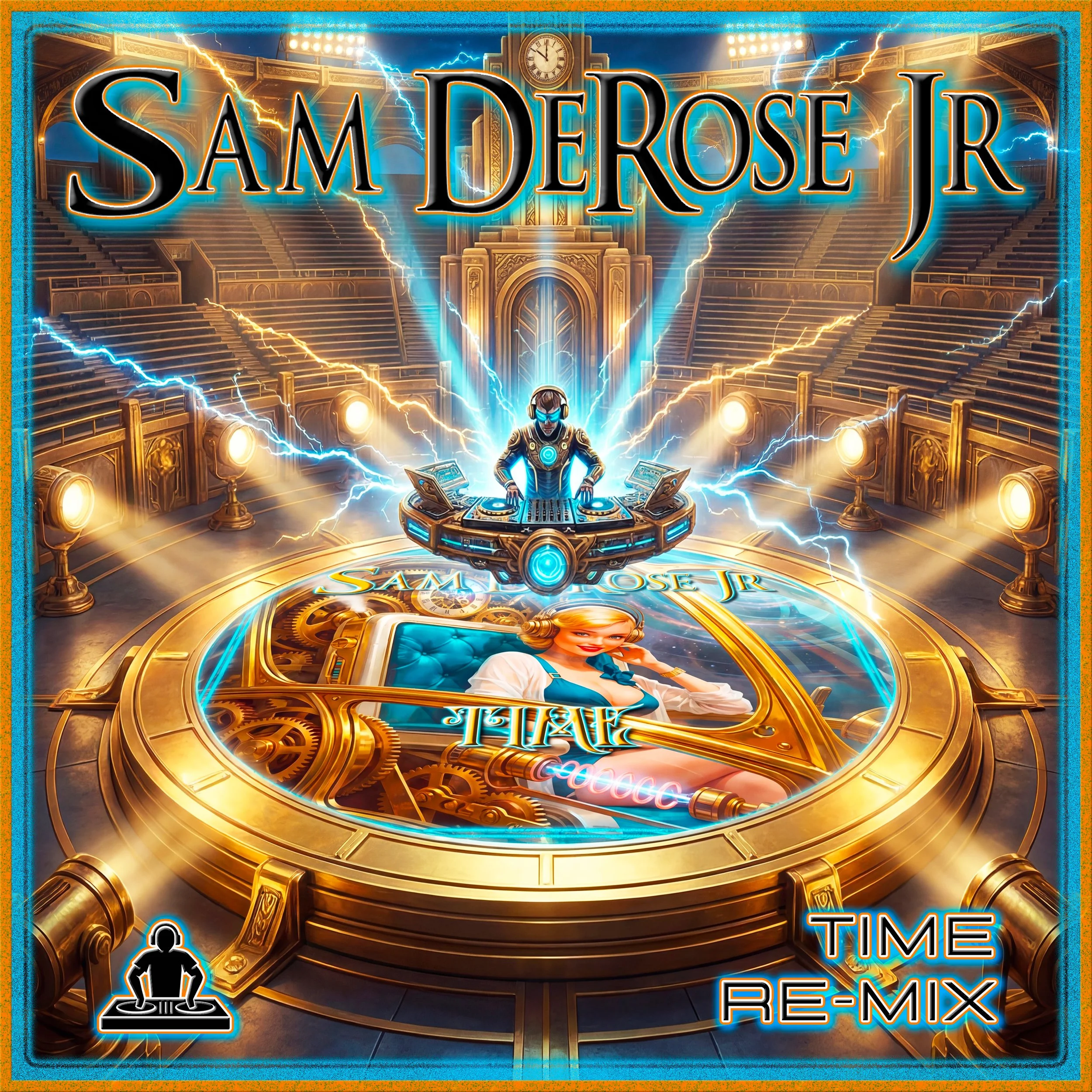 Music remix promotional poster featuring a DJ at a turntable with lightning effects in a grand theater setting, displaying the artist name 'Sam DeRose Jr' and titles 'Time Re-Mix' and 'Have'.