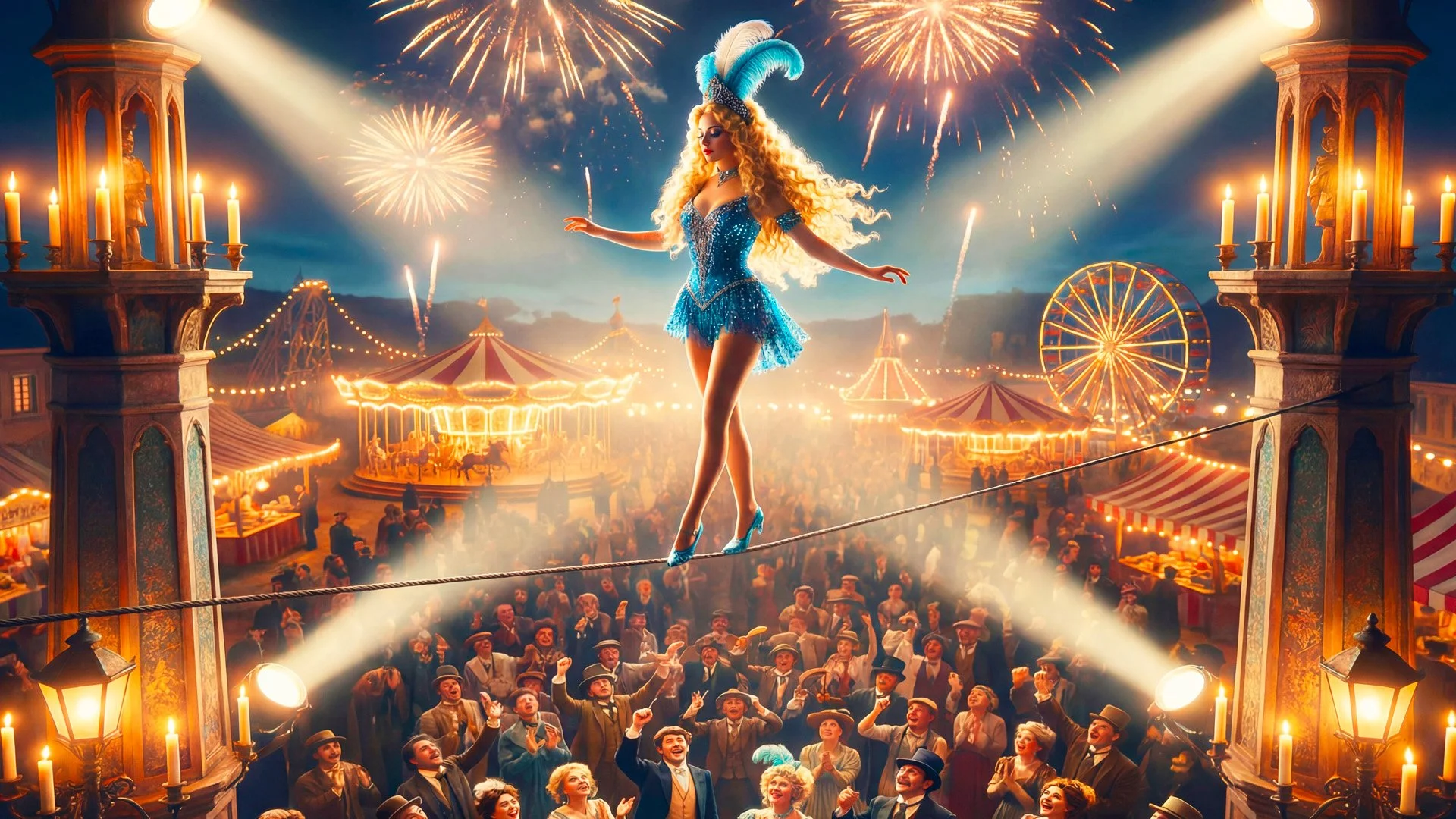 A circus scene at night with fireworks in the sky, featuring a female performer walking on a tightrope above an audience, with carnival rides like a Ferris wheel and a carousel in the background, and colorful tents and towering candle-lit structures.