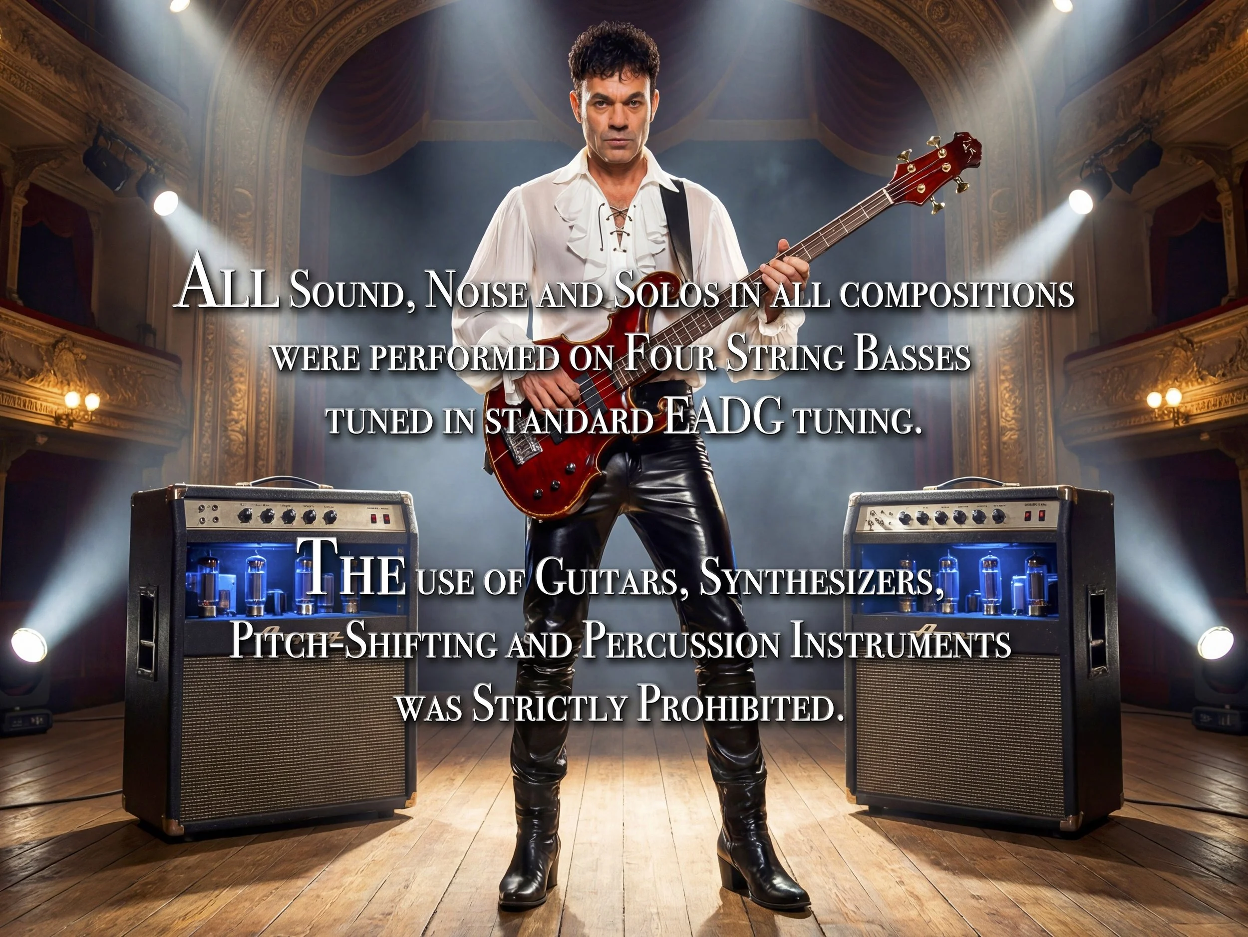 A man dressed in a white shirt and black leather pants standing on stage with guitars and amplifiers in front of him, with ornate theater architecture in the background and stage lighting focused on him.