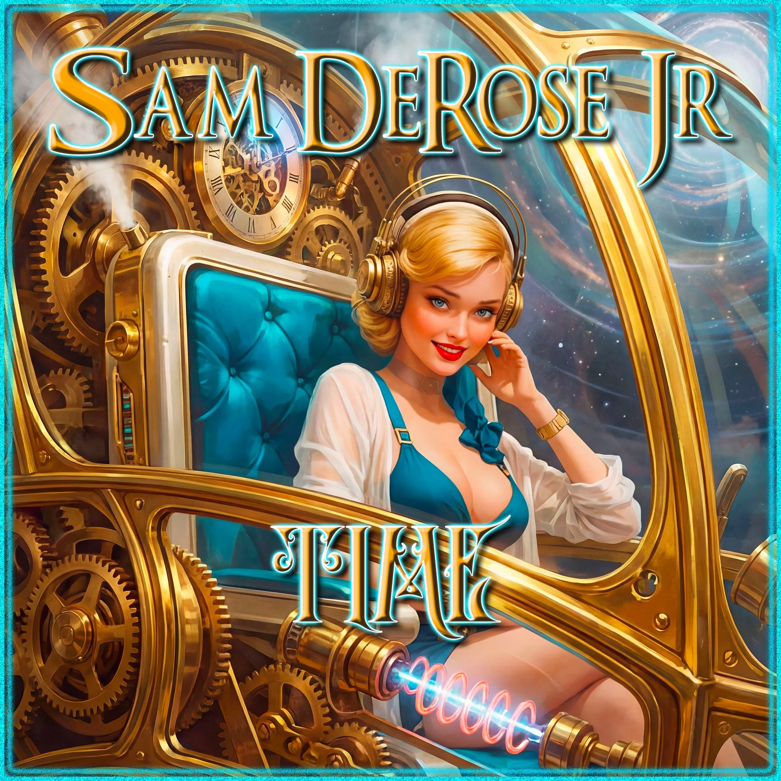 A woman with blonde hair, wearing a blue dress with white sleeves, is seated in a futuristic chair with turquoise upholstery. Behind her, there are large, gold gears and cogs, a clock with Roman numerals, and bright neon signs reading "SAM DE ROSE" and "Travel". The background depicts space with swirling galaxies.