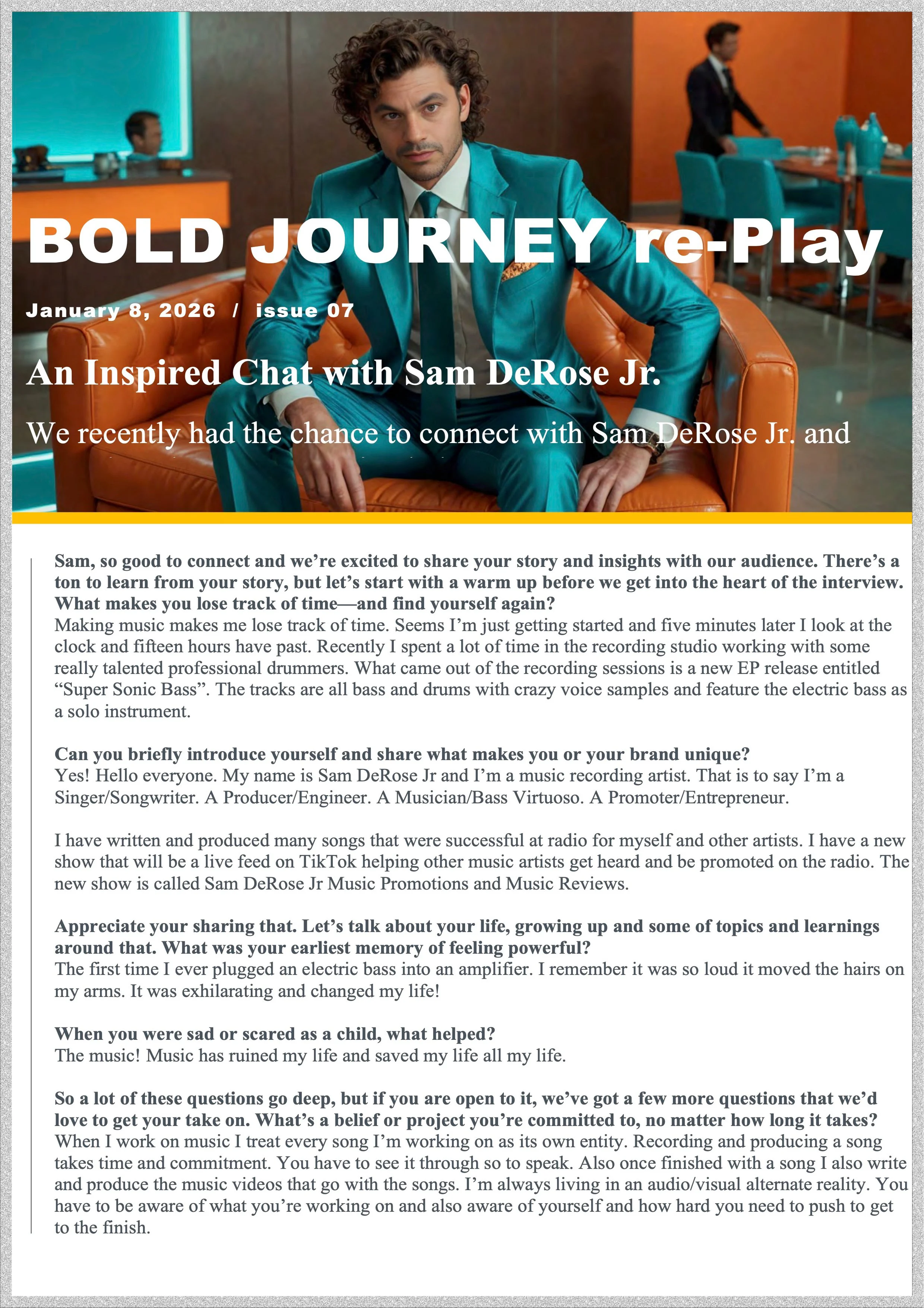Magazine cover featuring a man with curly hair in a blue suit sitting on an orange couch in a modern interior setting, with text highlighting an interview with Sam DeRose Jr.