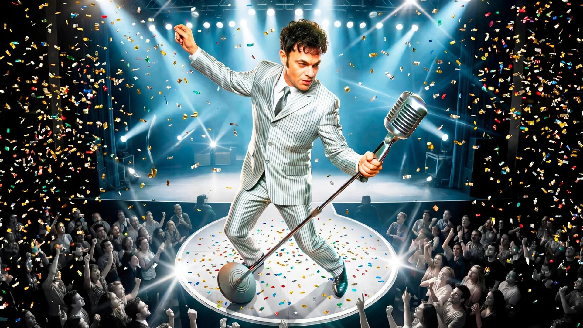 Performer in a striped suit singing into a vintage microphone on a stage with blue lights, surrounded by confetti and an audience.