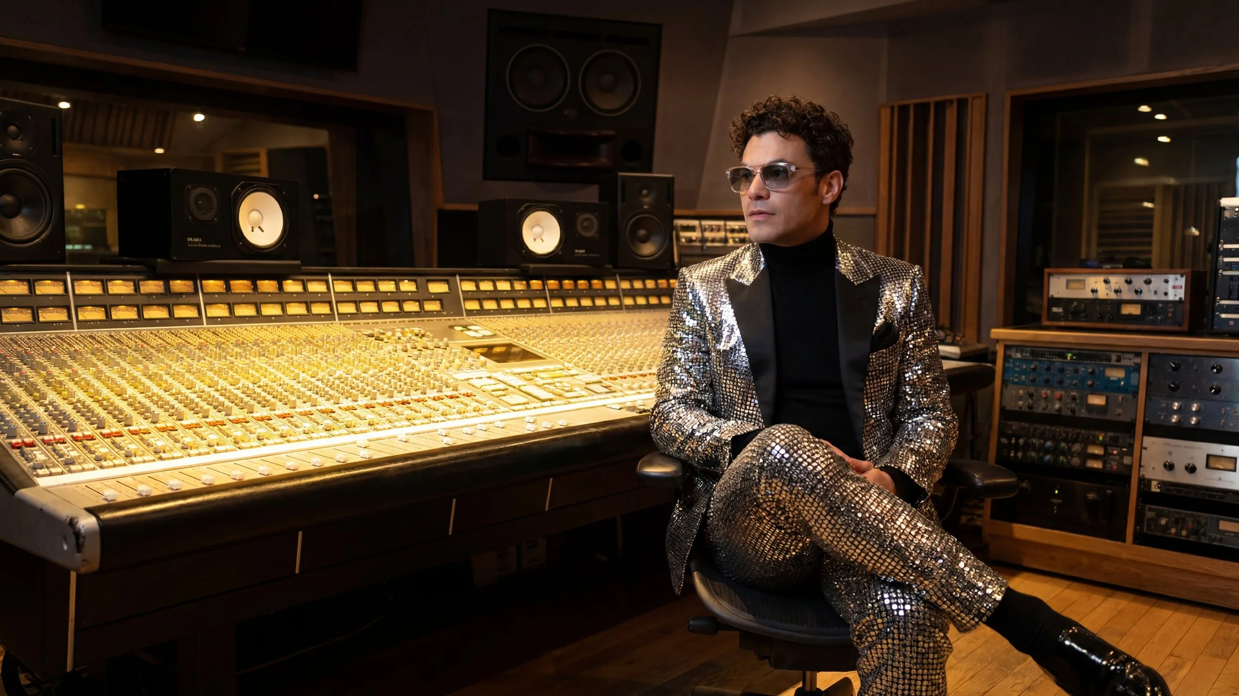 A man with curly hair wearing a shimmering silver suit and sunglasses sitting in a recording studio, surrounded by professional audio equipment including a large mixing console, speakers, and racks of audio gear.