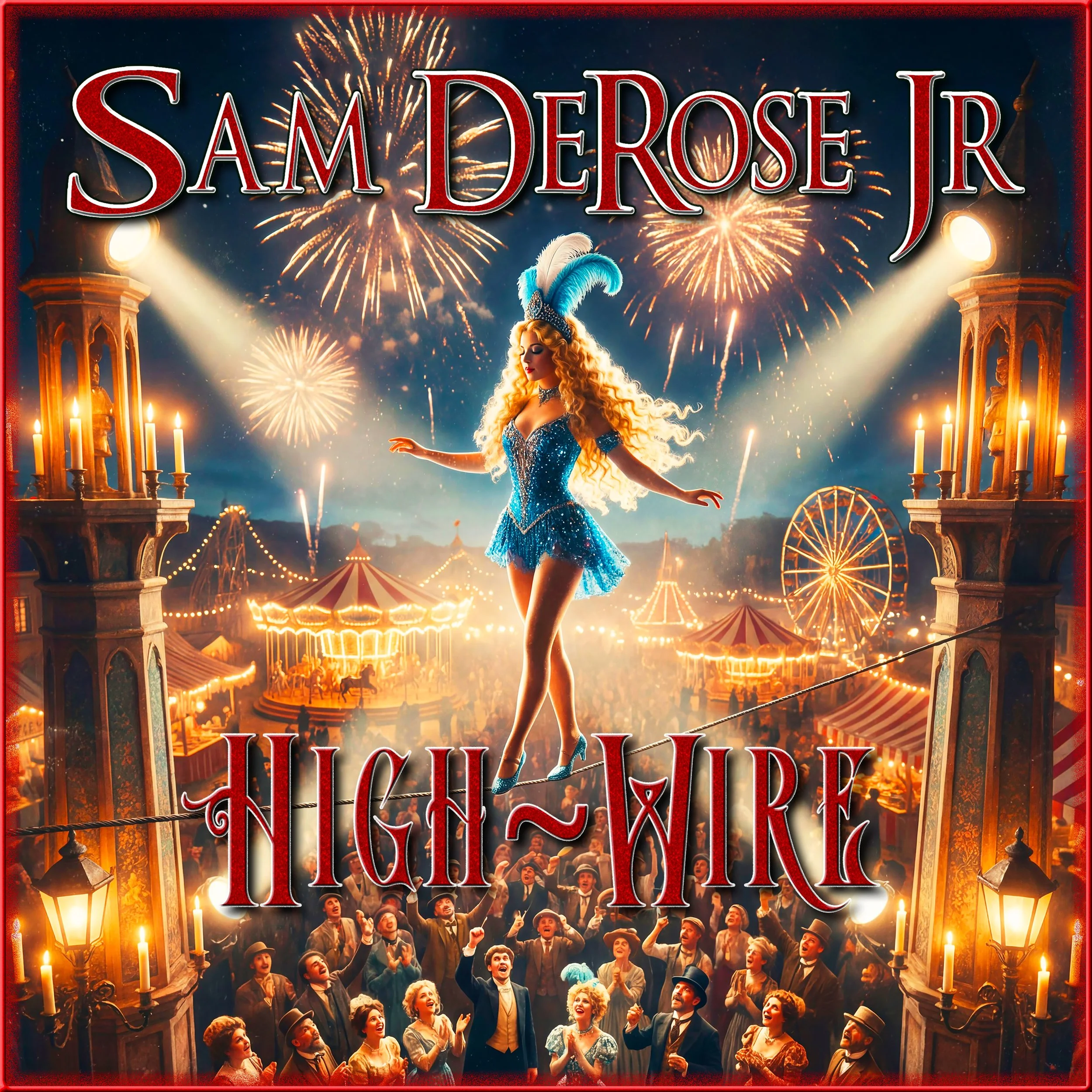A vintage-style poster for the musical 'My Dear Old Lord' features a scene at a fairground with fireworks in the night sky. A large group of people dressed in old-fashioned clothing cheer and look up at the fireworks. The scene is framed by ornate street lamps and decorative architecture.