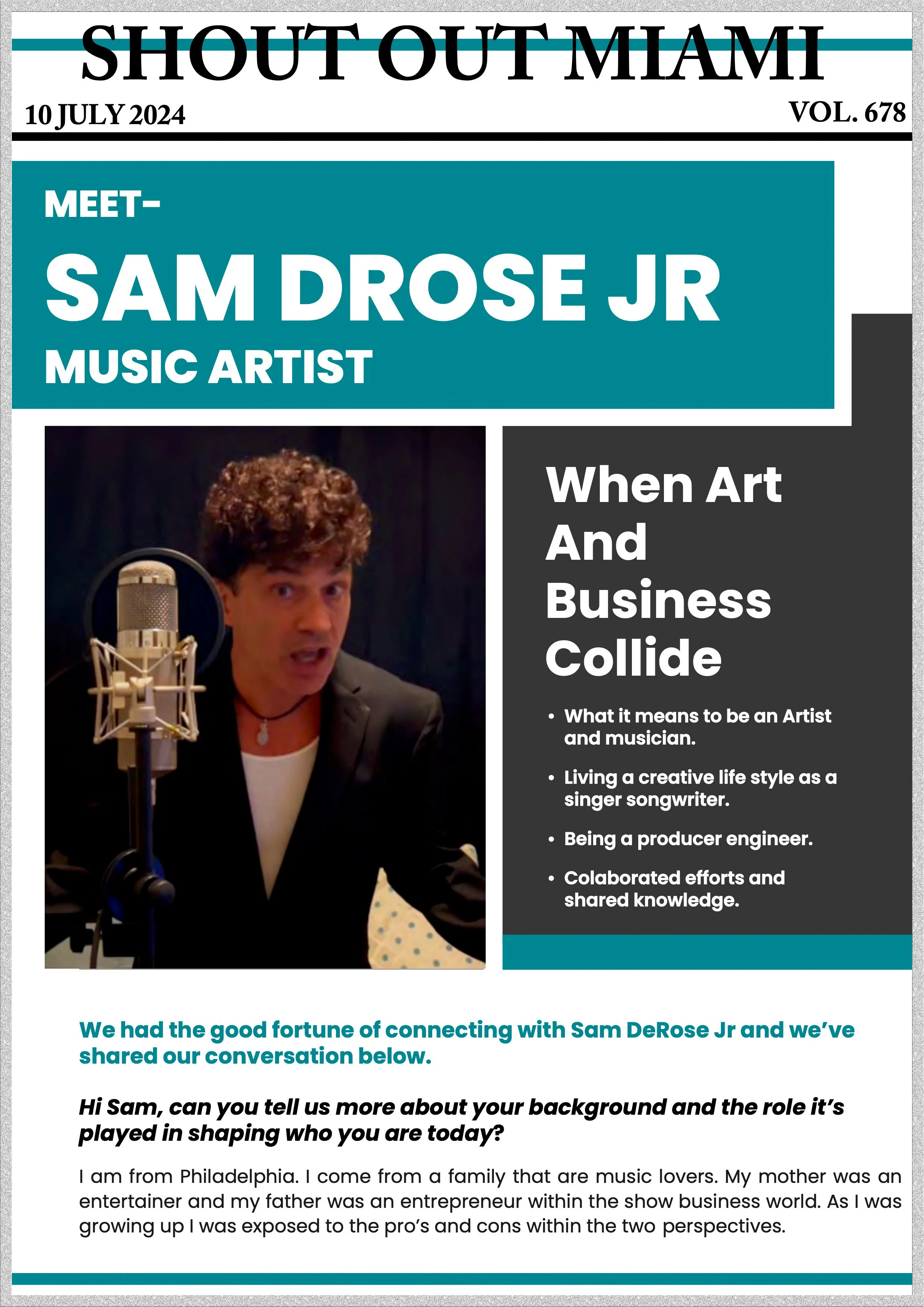 Front page of a newsletter titled "Shout Out Miami" dated July 10, 2024, volume 678. Features an interview with Sam DeRose Jr, a music artist, with a photo of him speaking into a microphone in a recording studio.