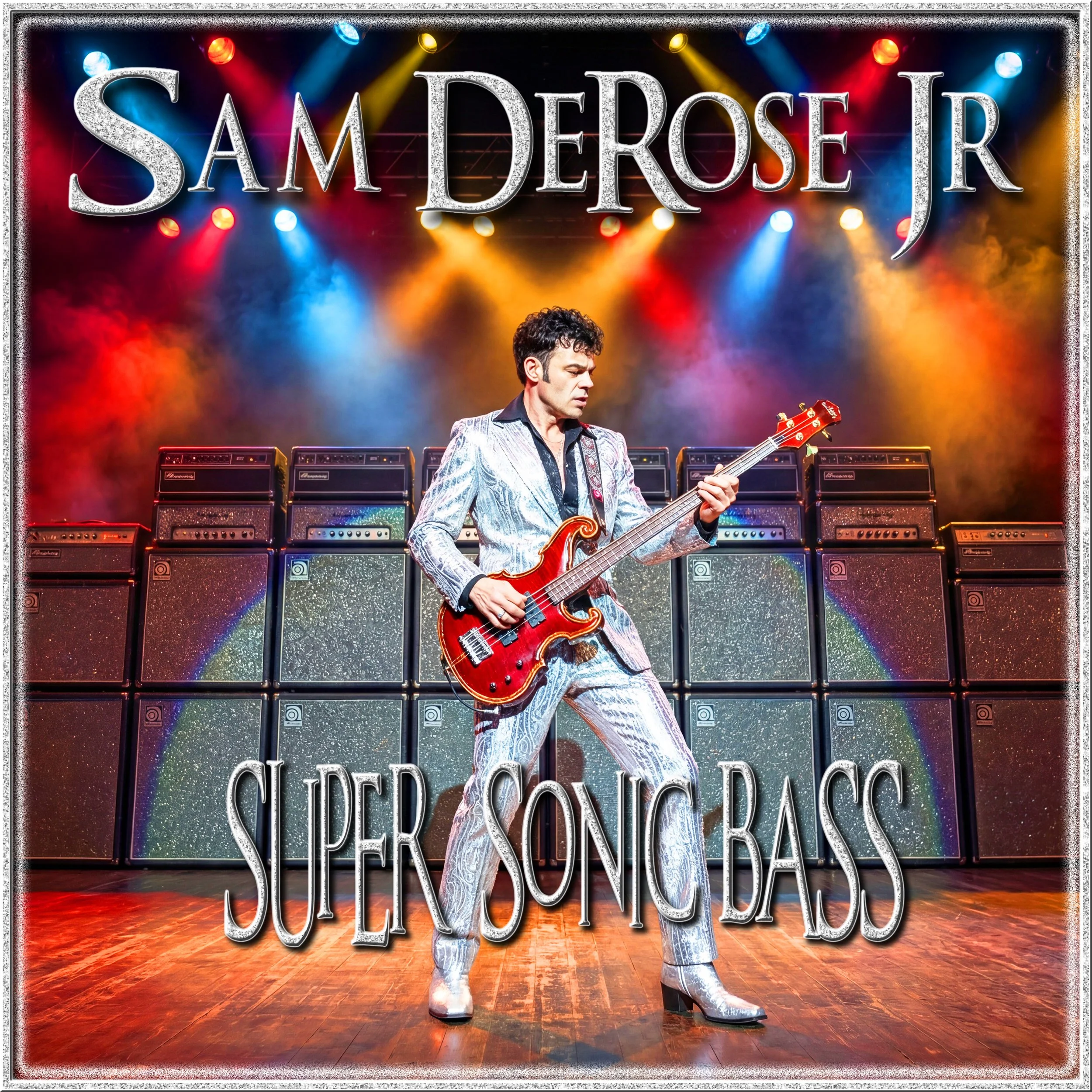 A stage performance featuring a man dressed as Elvis Presley playing a red electric guitar, with a backdrop of colorful stage lights and stacked amplifiers. The image prominently displays the name 'Sam DeRose Jr.' in large, glittery letters.