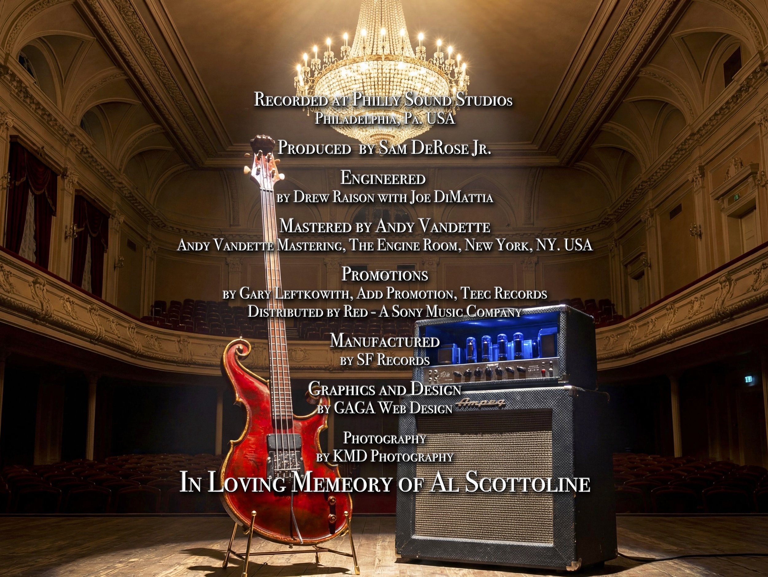 Stage with a red electric bass guitar on a stand, a black amplifier, and a grand chandelier hanging from an ornate ceiling, with text overlay listing recording and production credits.