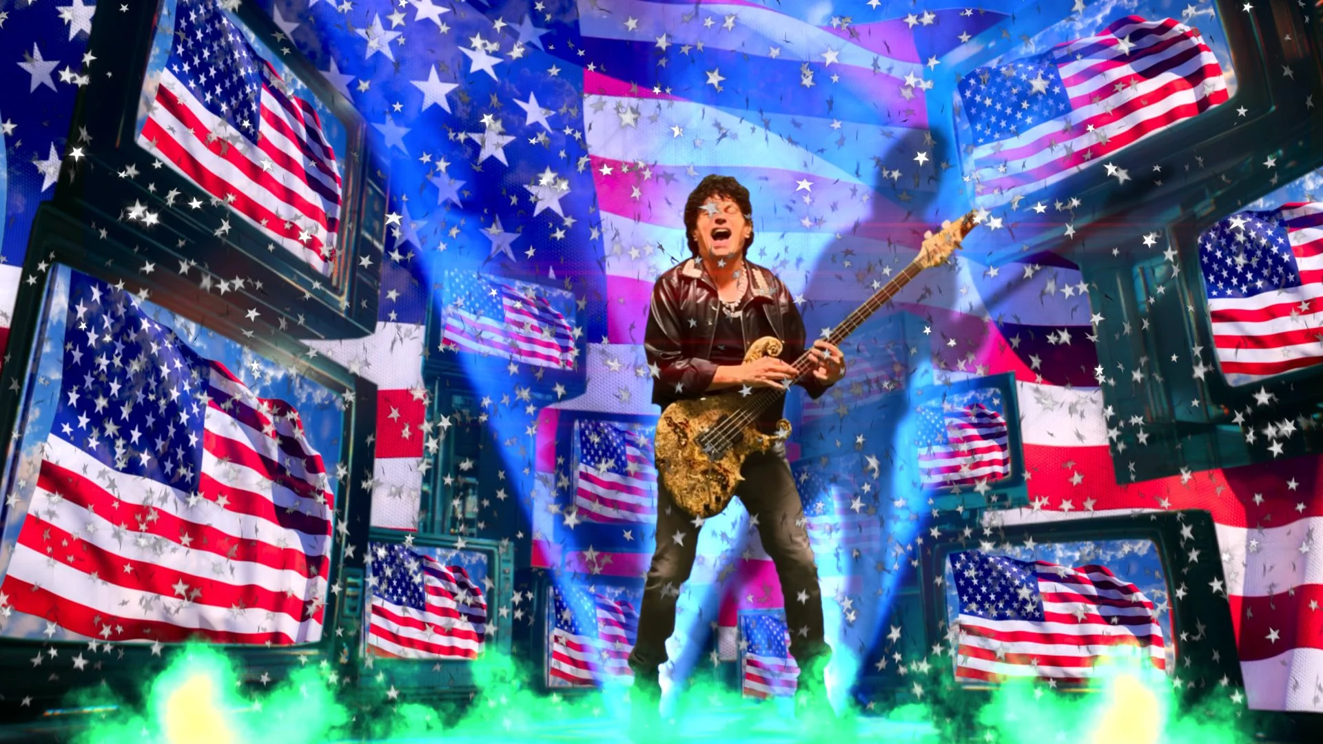 Sam DeRose Jr on a stage with multiple Televisions showing the American flag playing his custom made Dragonetti Bass
