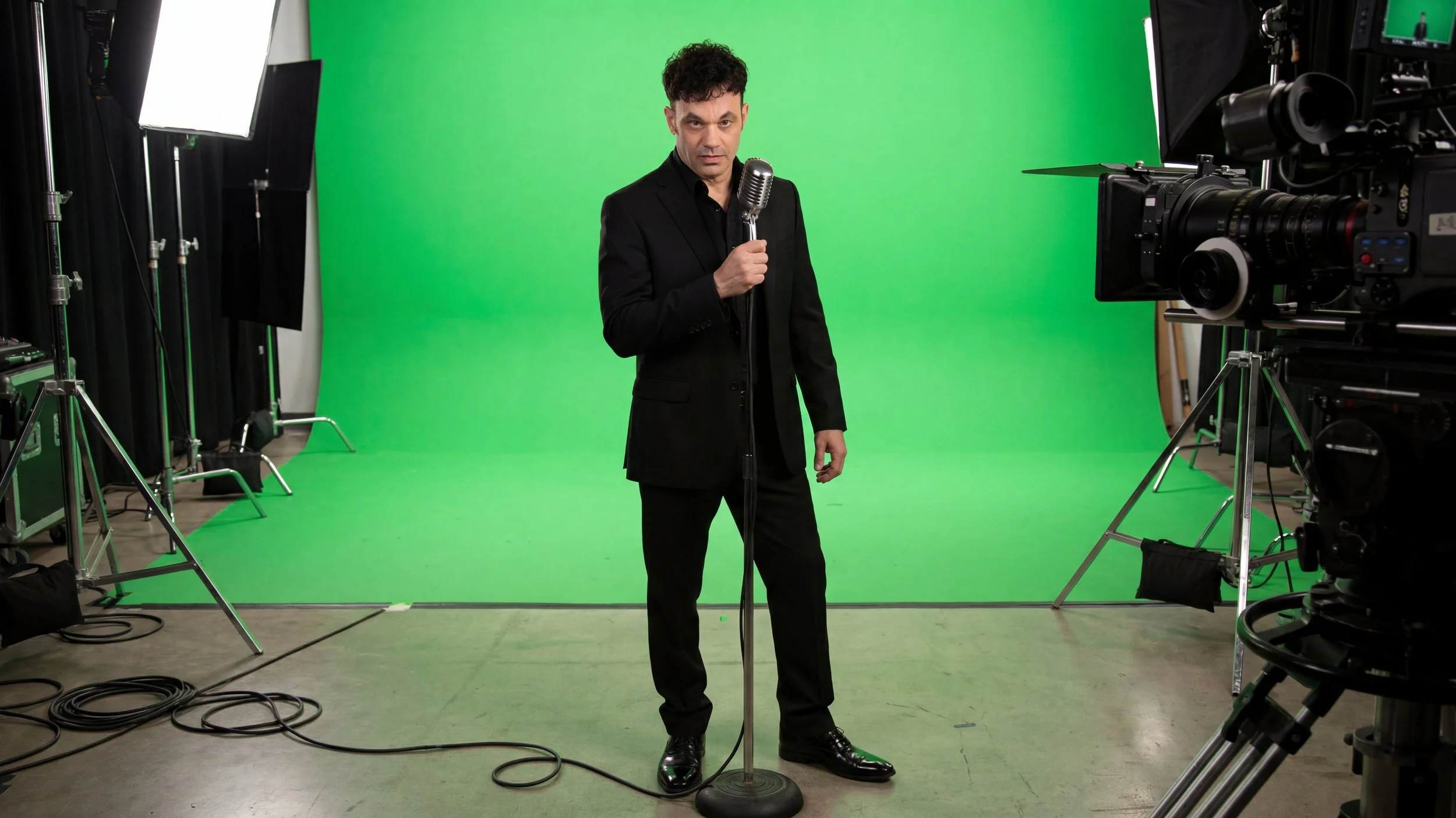 Man in black suit standing with a silver microphone in front of a green screen, surrounded by professional TV studio equipment, lights, and cameras.