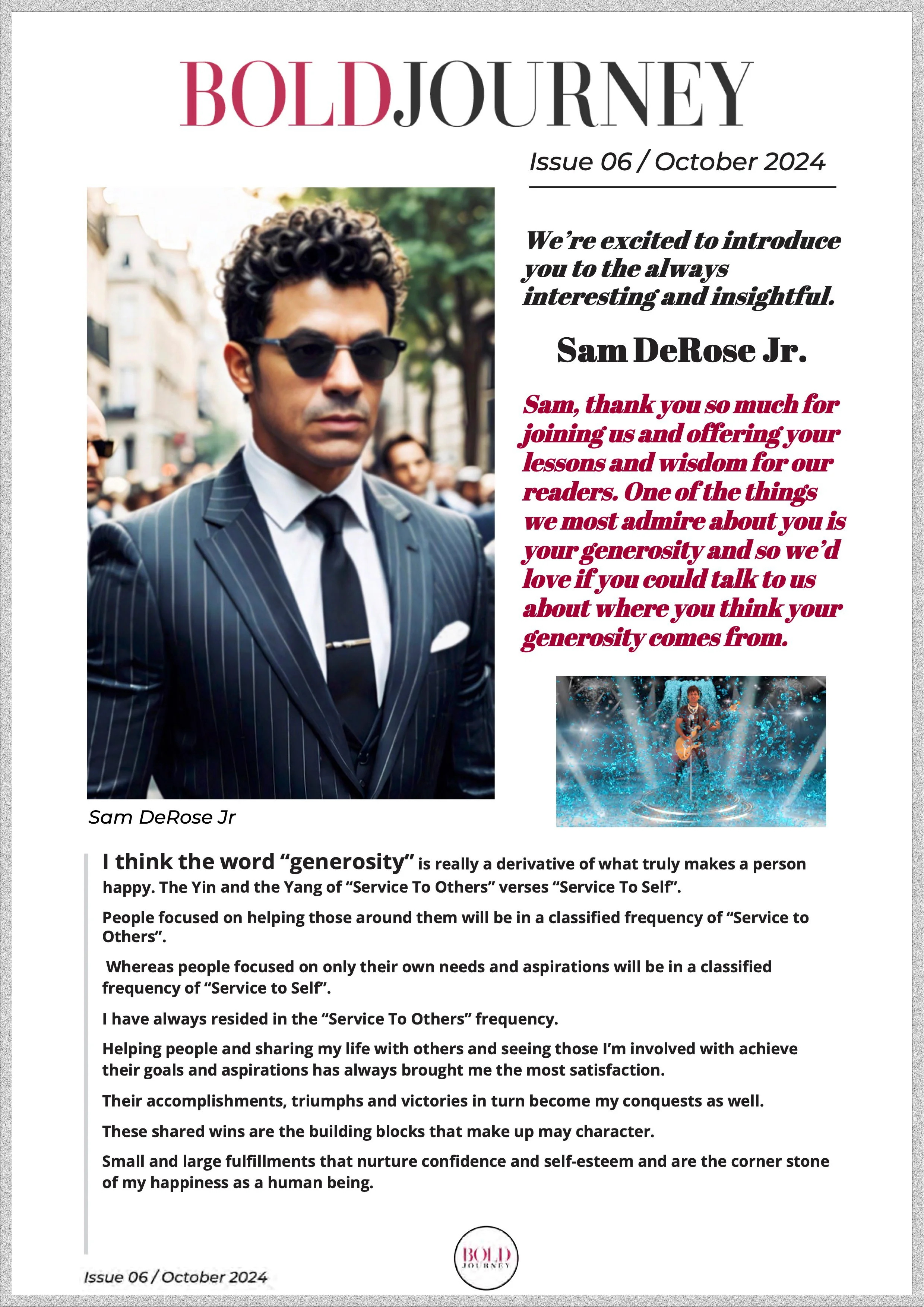 Front page of Bold Journey magazine, October 2024 issue featuring a man in a pinstripe suit and sunglasses on a city street, with a smaller image of a performer on stage surrounded by blue lights and performers. Text content includes articles and quotes about generosity, service to others, and personal fulfillment.