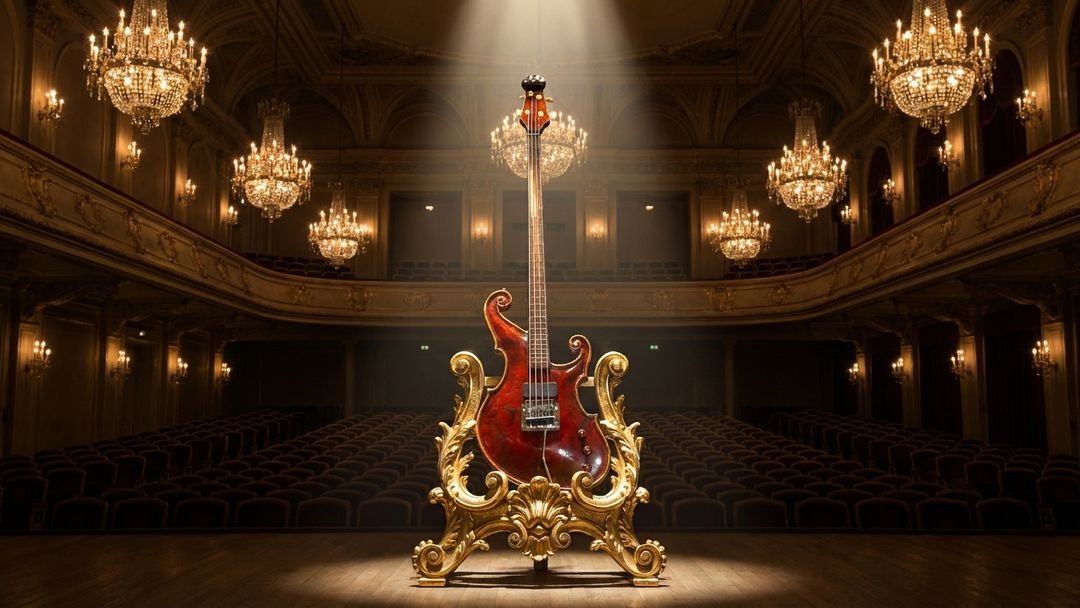 A vintage double bass is displayed on a decorative gold stand on a stage in an ornate, chandelier-lit opera house or theatre with empty seats.