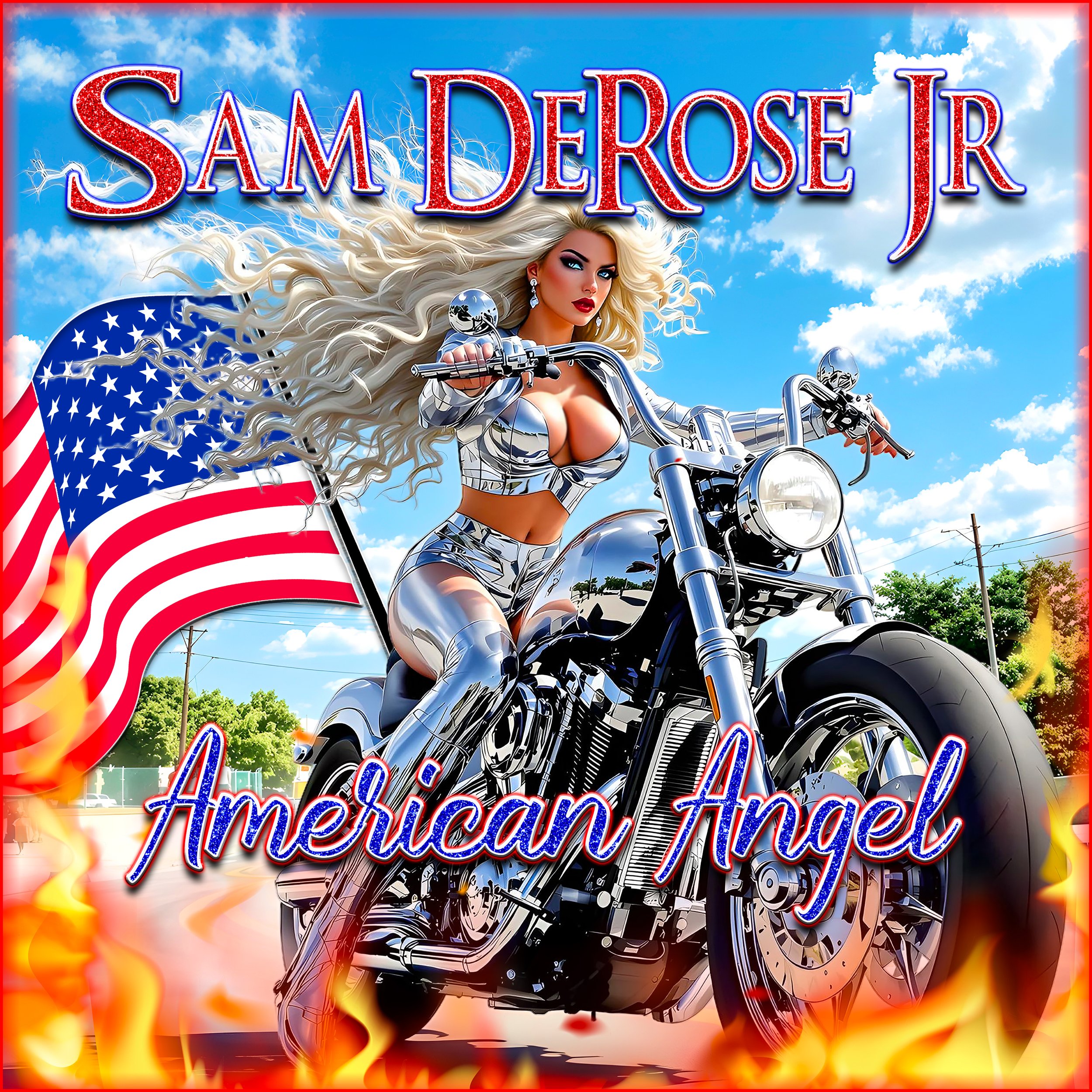 A woman with long blonde hair riding a chrome motorcycle with an American flag in the background, flames and the text 'SAm DErOSeR' and 'American. Uned' overlaid.