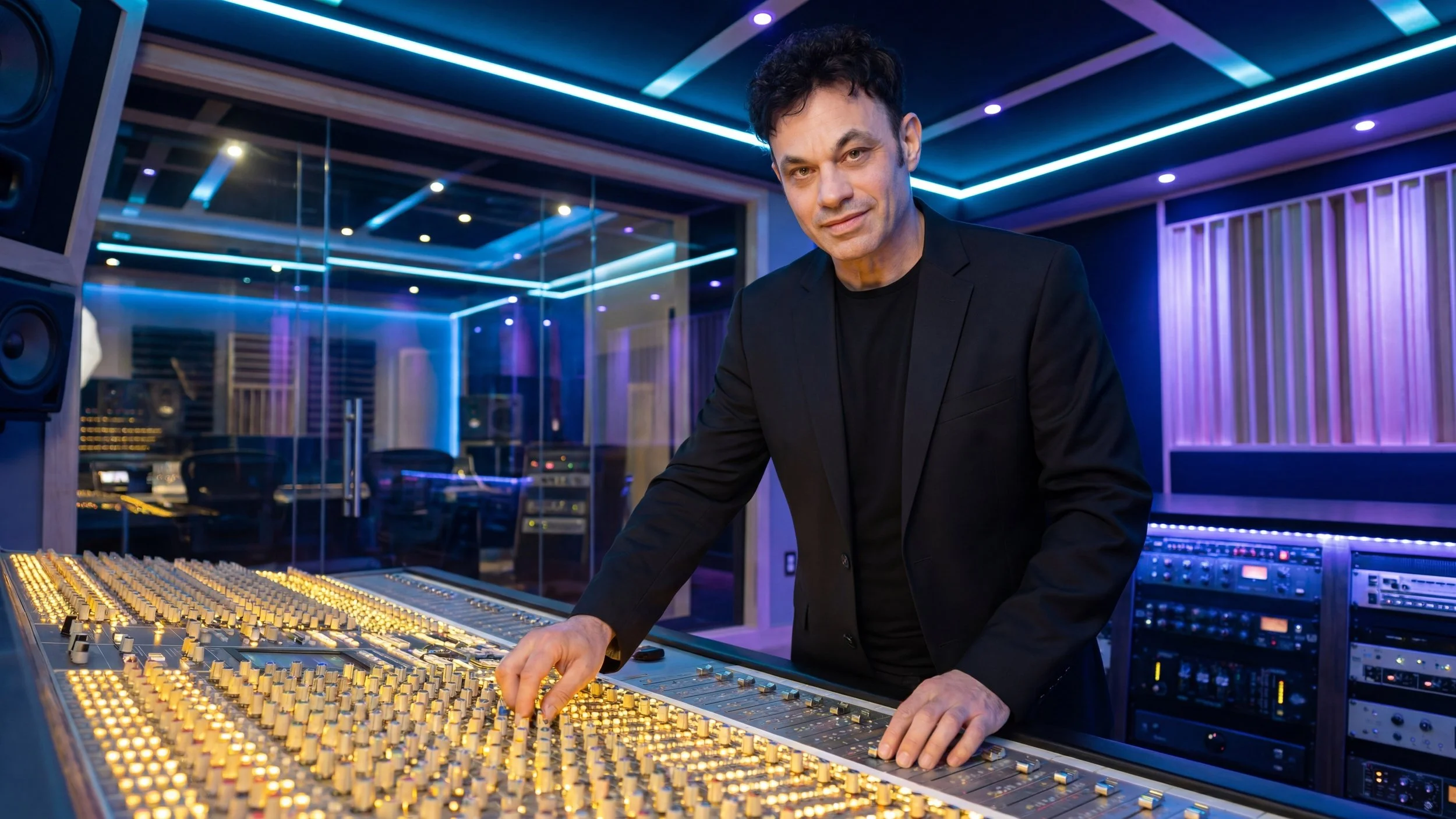 A man in a black blazer and shirt standing at a sound mixing console in a modern recording studio with blue and purple ambient lighting.
