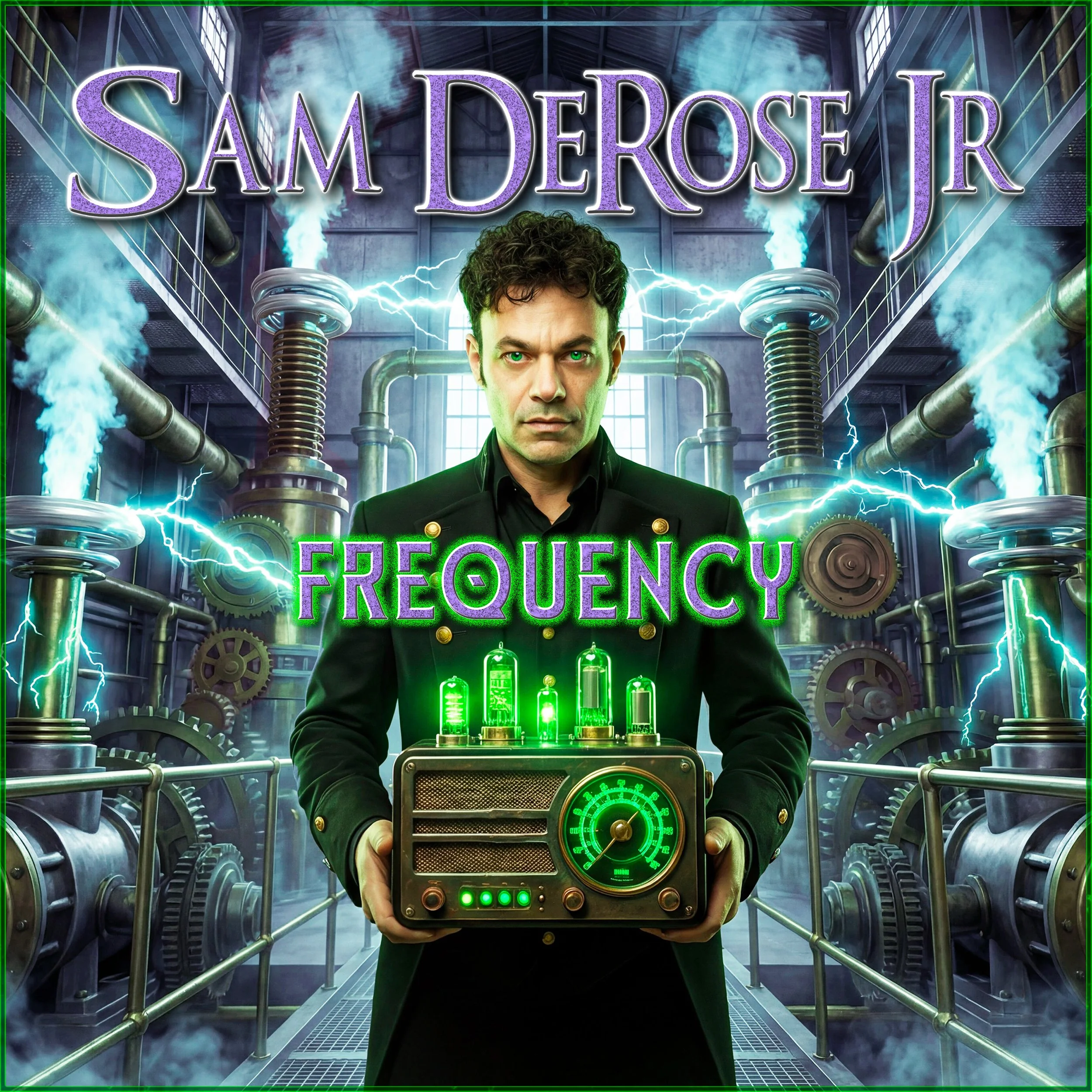 A man in a black suit with brass buttons holds a vintage radio with glowing green meters, standing in a high-tech industrial laboratory filled with glowing green and blue electrical effects, gears, and machinery.